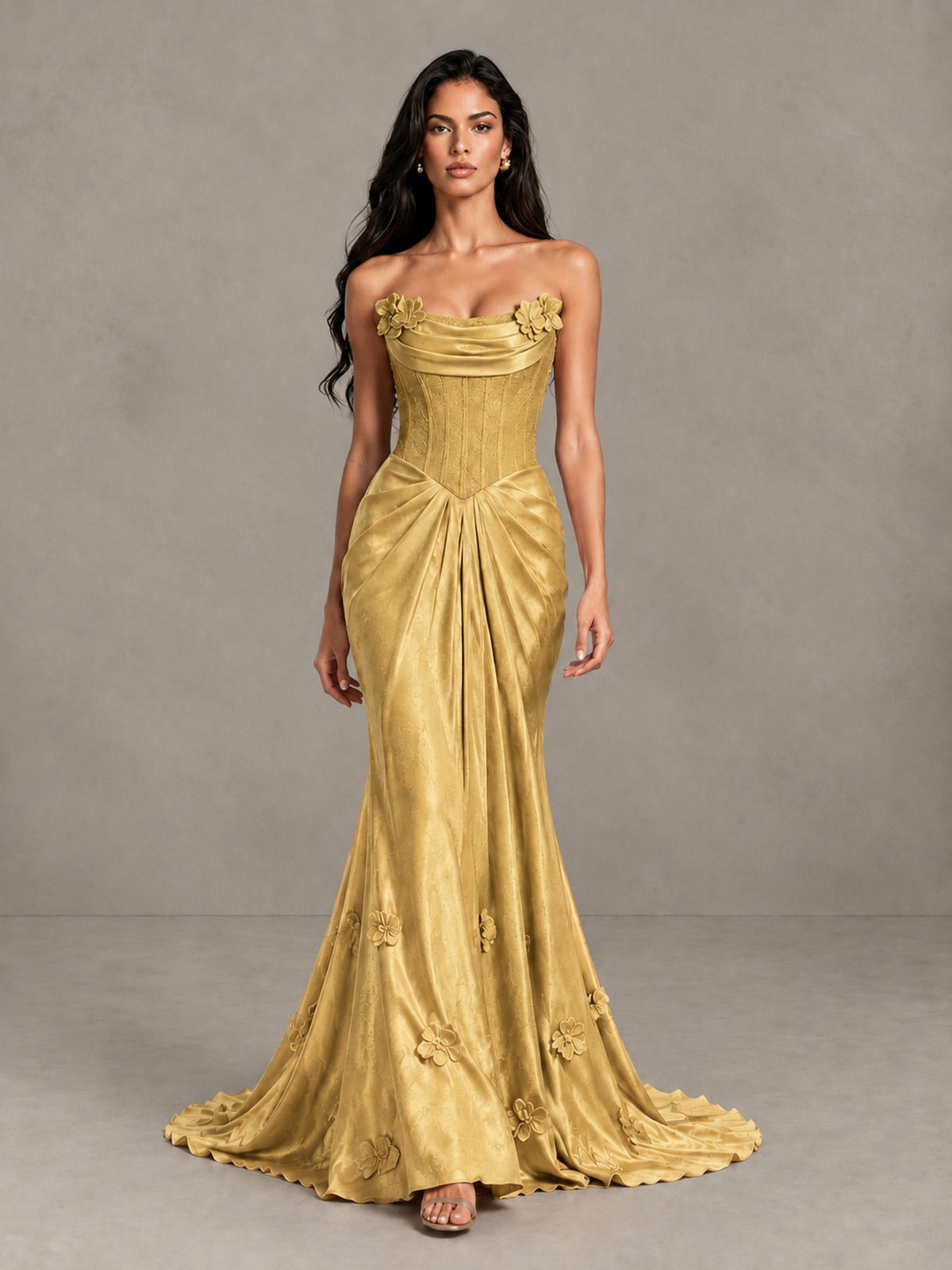 BOLODOO Gold Strapless Floral Corset Evening Gown with Train - Gold - Gold_1