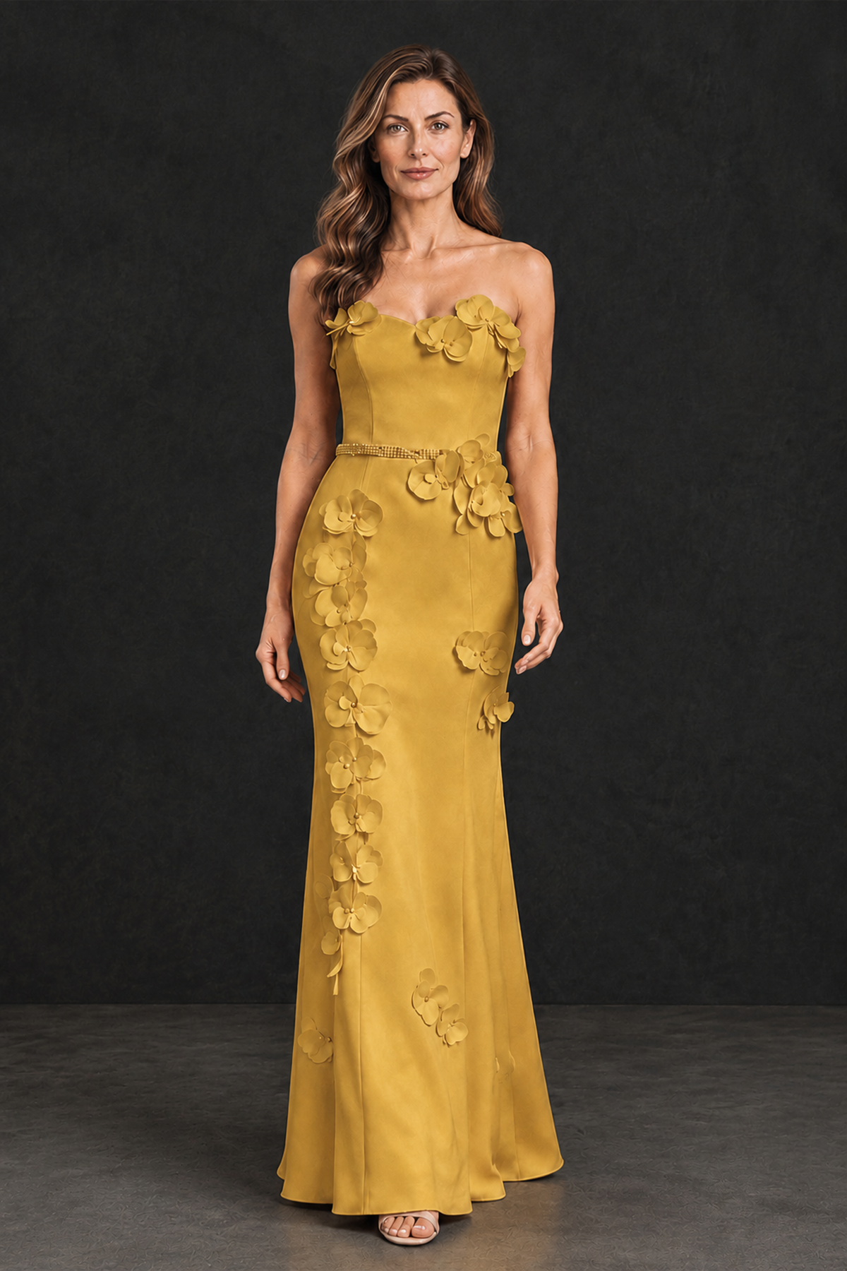 BOLODOO Gold Strapless Mother of the Bride Dress with 3D Floral Appliques - Gold - Gold_1