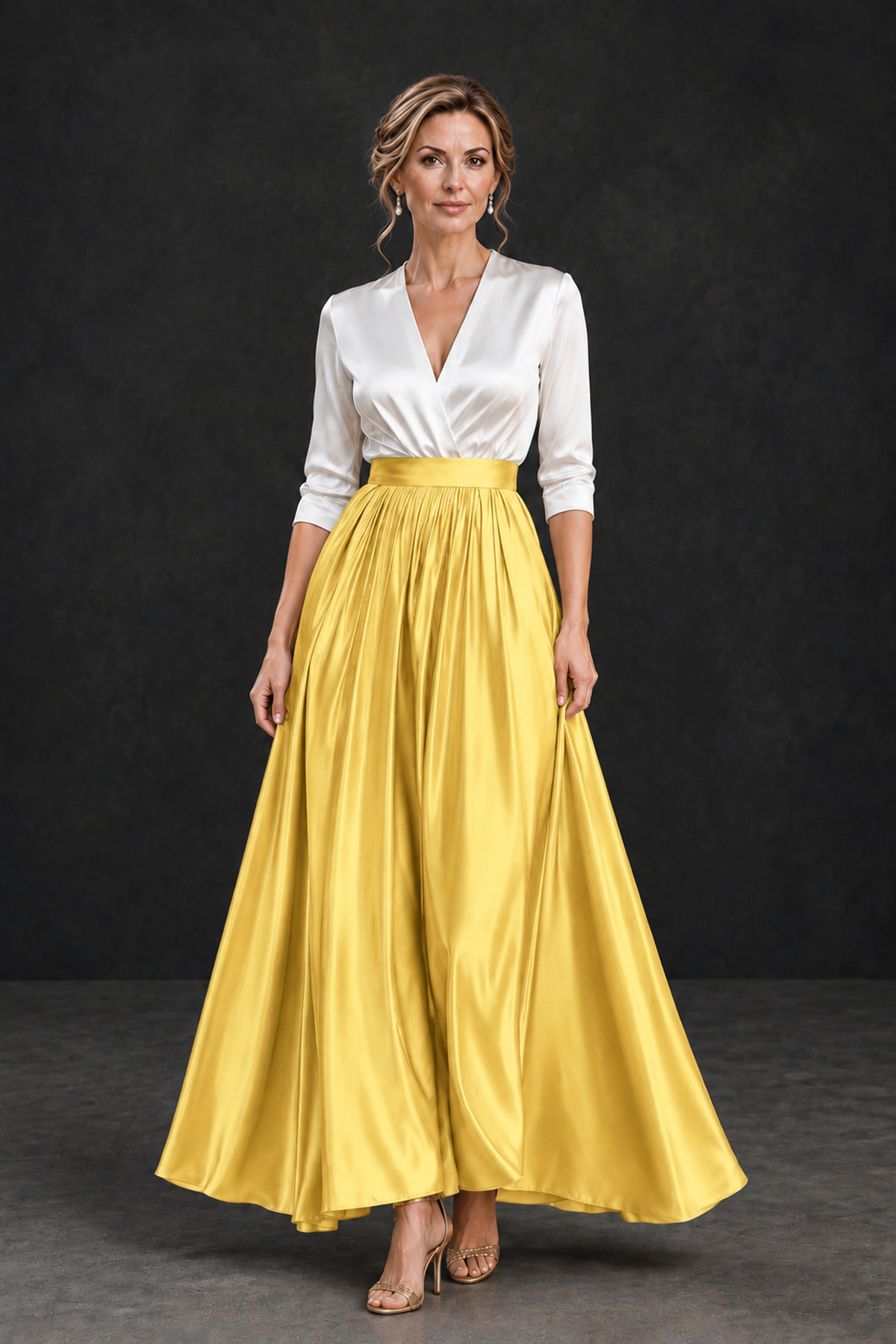 BOLODOO Gold and White V-Neck A-Line Mother of the Bride Dress - Gold - Gold_1