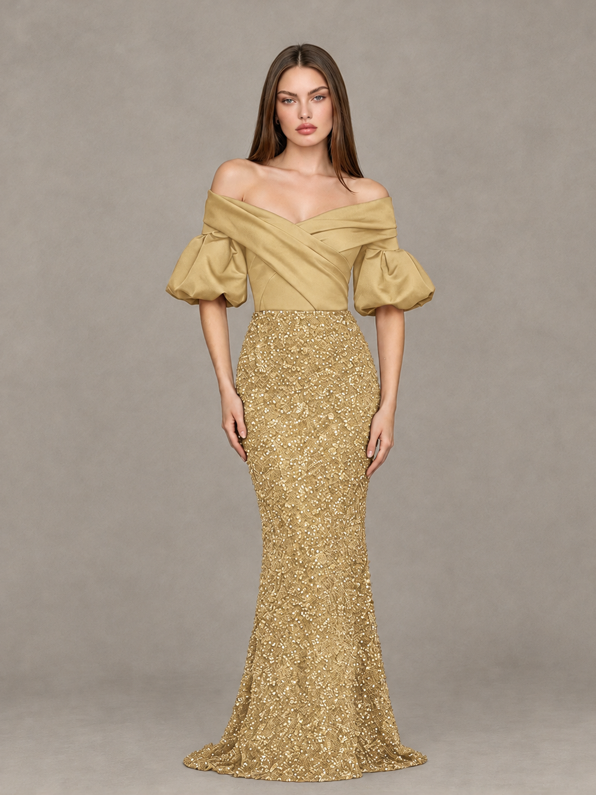BOLODOO Gold Off-Shoulder Puff Sleeve Sequin Mermaid Evening Dress - Gold - Gold_1