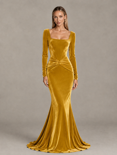 BOLODOO Gold Velvet-Look Square Neck Long Sleeve Mermaid Evening Dress - Gold - Gold_1