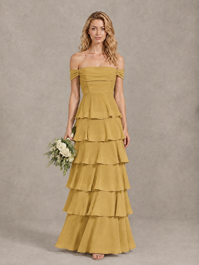 BOLODOO Gold Off-Shoulder Tiered Ruffle Bridesmaid Dress with Lace-Up Back - Gold - Gold_1