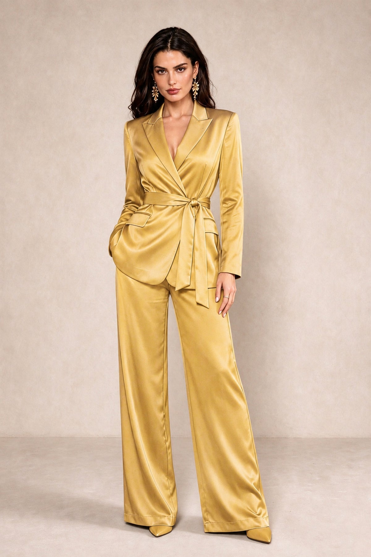 BOLODOO Gold Satin Wrap Blazer Wide-Leg Pants Two-Piece Suit Set – Evening Gala Wedding Guest - Gold - Gold_1