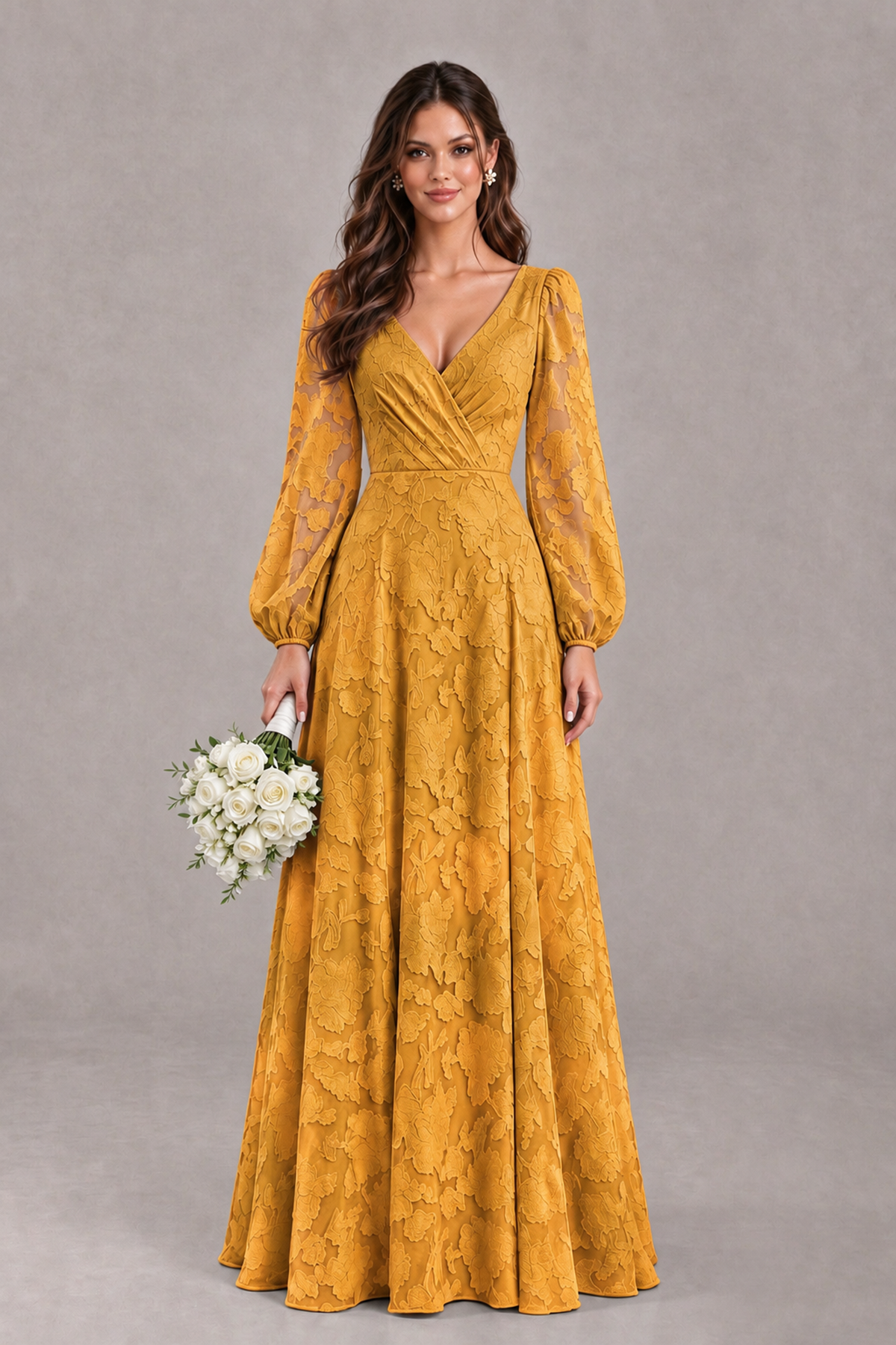 BOLODOO Gold Long Sleeve V-Neck A-Line Mother of the Bride Dress - Gold - Gold_1