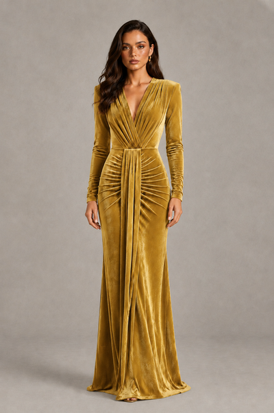 BOLODOO Gold Velvet Long Sleeve V-Neck Ruched Evening Gown - Gold