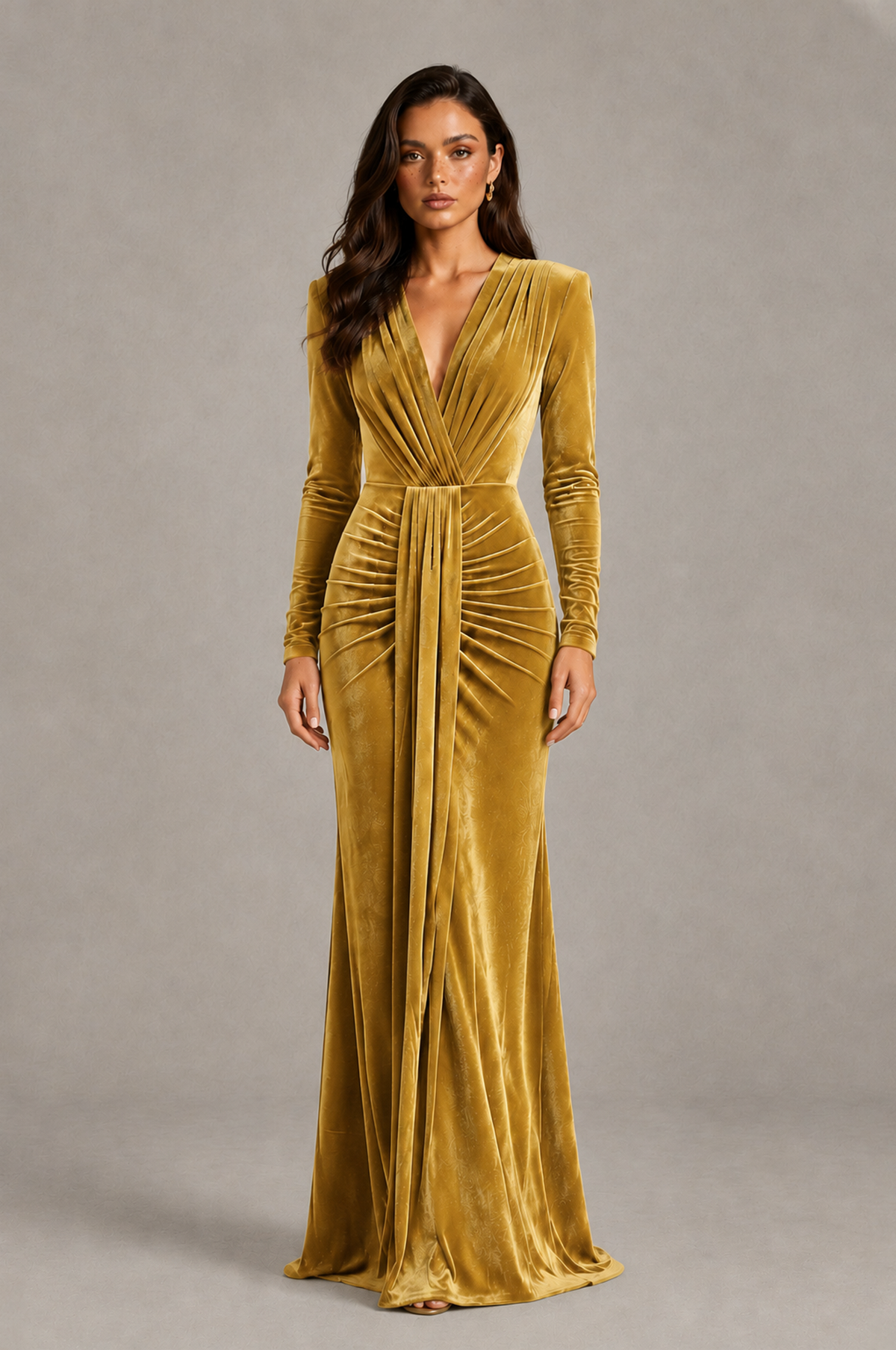 BOLODOO Gold Velvet Long Sleeve V-Neck Ruched Evening Gown - Gold