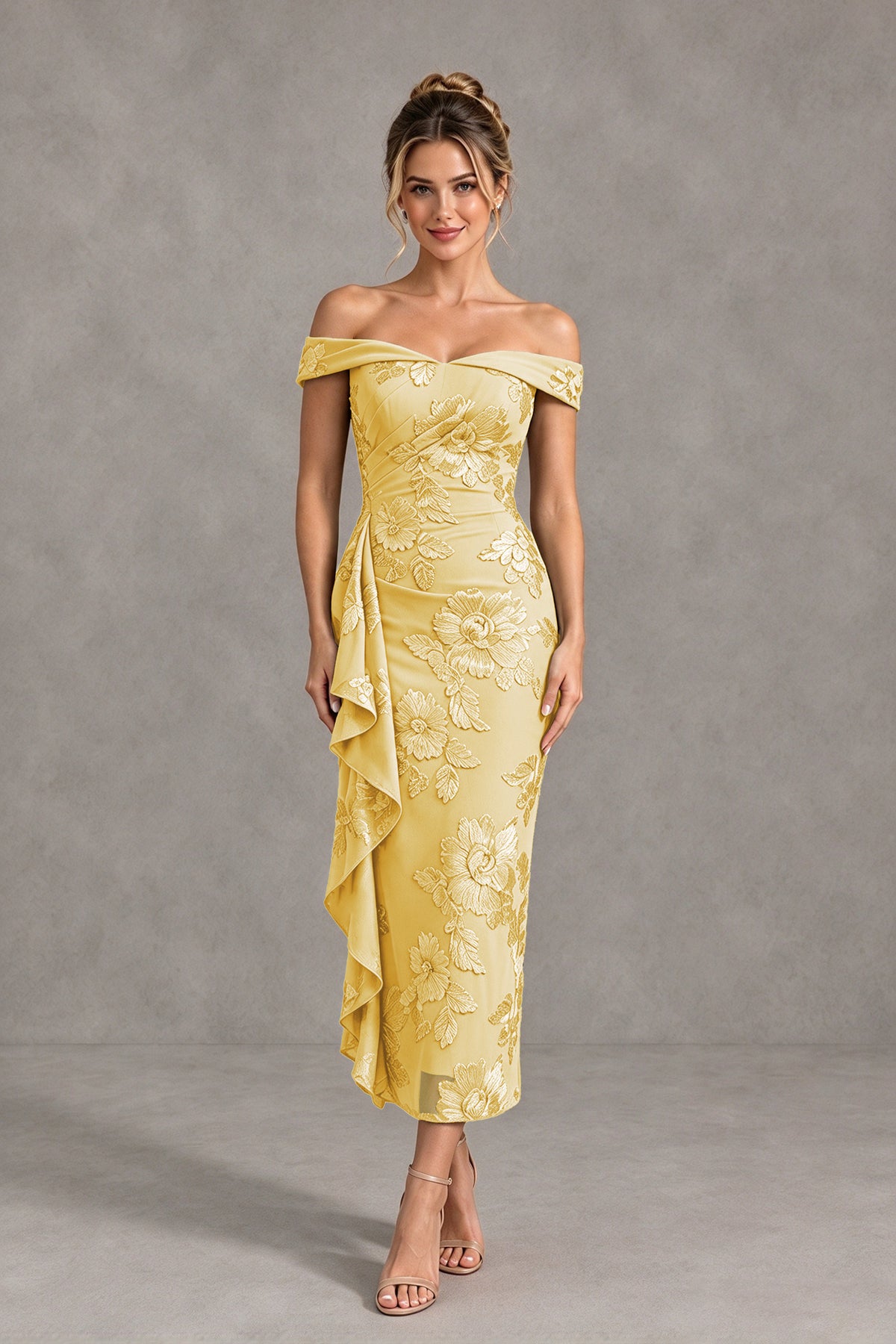 BOLODOO Gold Off Shoulder Floral Jacquard Midi Dress - Gold - Gold(1)