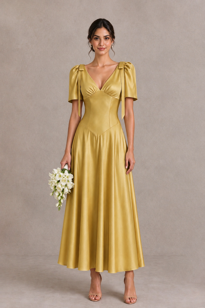 BOLODOO Gold V-Neck Short Sleeve Satin-Look Bridesmaid Dress with Shoulder Bows - Gold - Gold_1