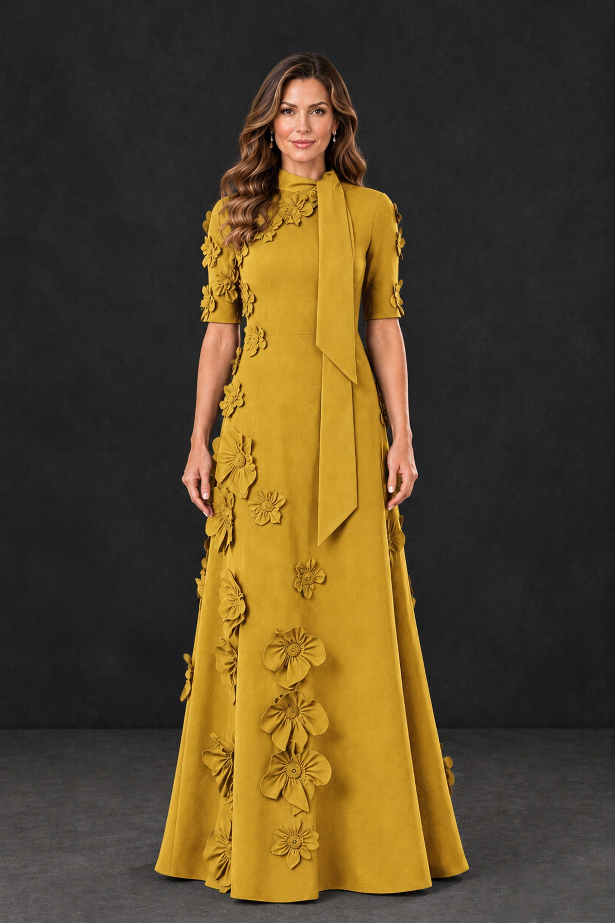 BOLODOO Gold Floral Applique High-Neck Half-Sleeve Gown - Gold - Gold_1