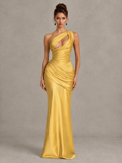 BOLODOO Gold One-Shoulder Cutout Satin Mermaid Prom Dress - Gold - Gold_1