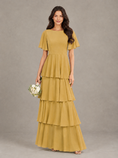 BOLODOO Gold Tiered Flutter Sleeve Bridesmaid Dress - Gold - Gold_1