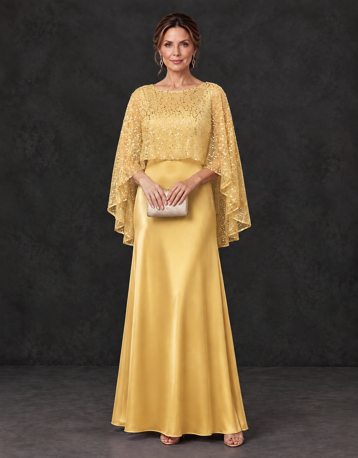 BOLODOO Gold Sparkle Cape Sleeve Mother of the Bride Dress - Gold - Gold_1