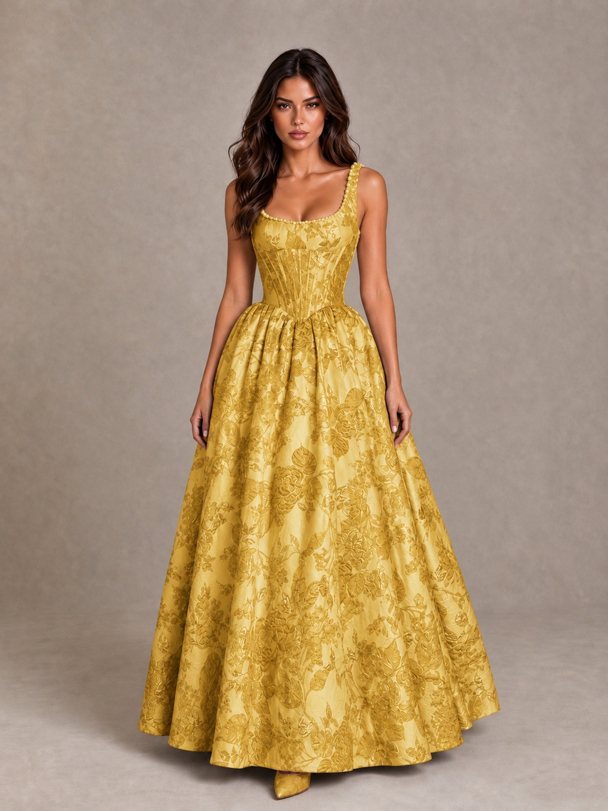 BOLODOO Gold Floral Corset A-Line Prom Dress with Lace-Up Back - Gold - Gold_1
