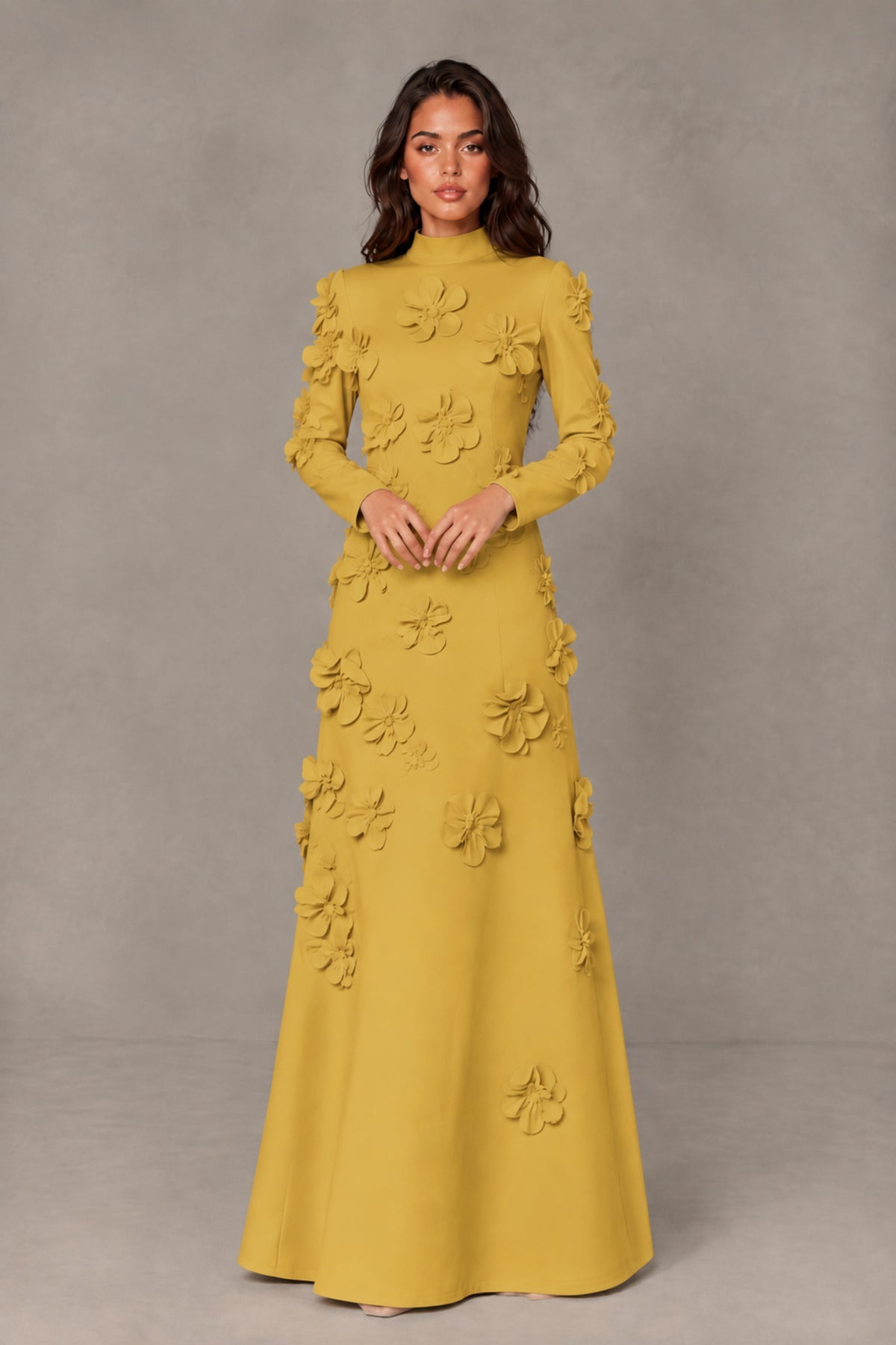 BOLODOO Gold High Neck Long Sleeve 3D Floral Evening Gown - Gold