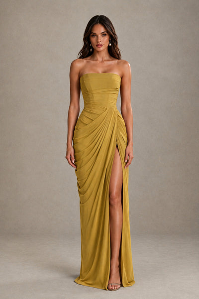 BOLODOO Strapless Draped Maxi Dress - Gold Backless Evening Gown with High Slit - Gold - Gold_1