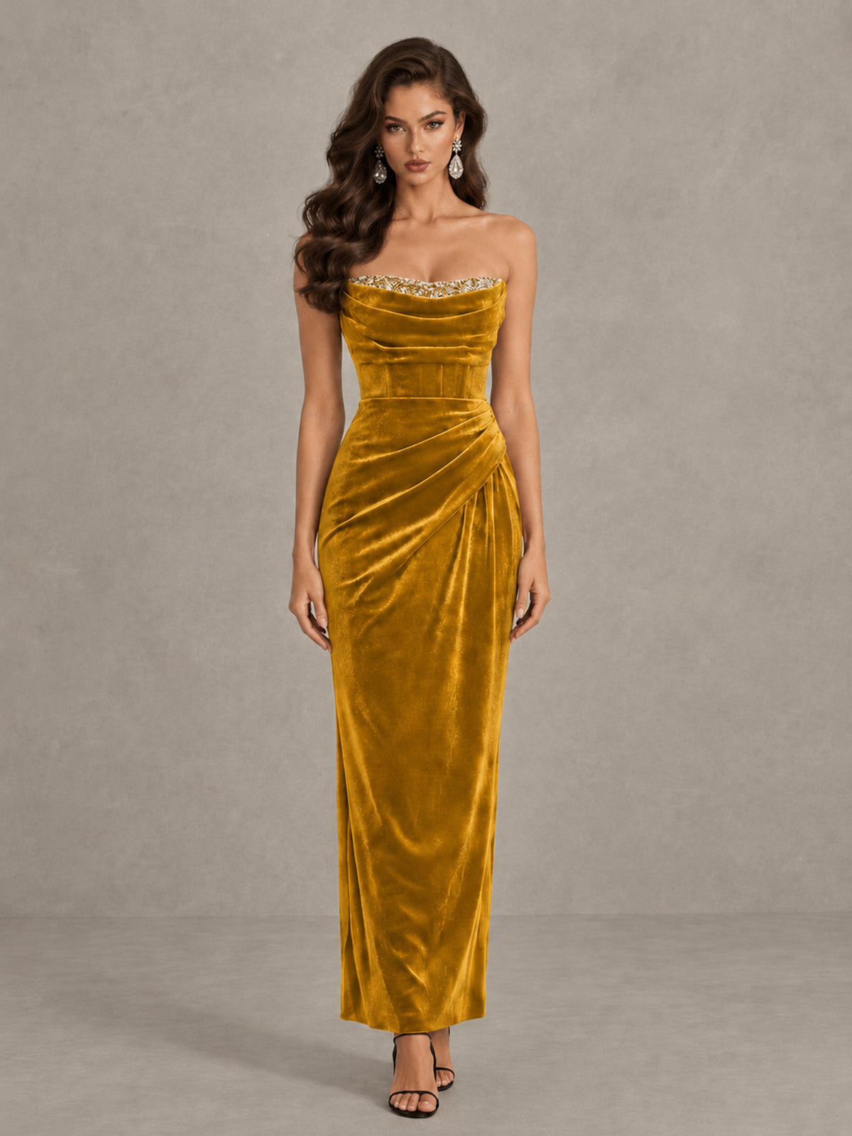 BOLODOO Gold Strapless Velvet Cocktail Maxi Dress - Gold - Gold_1