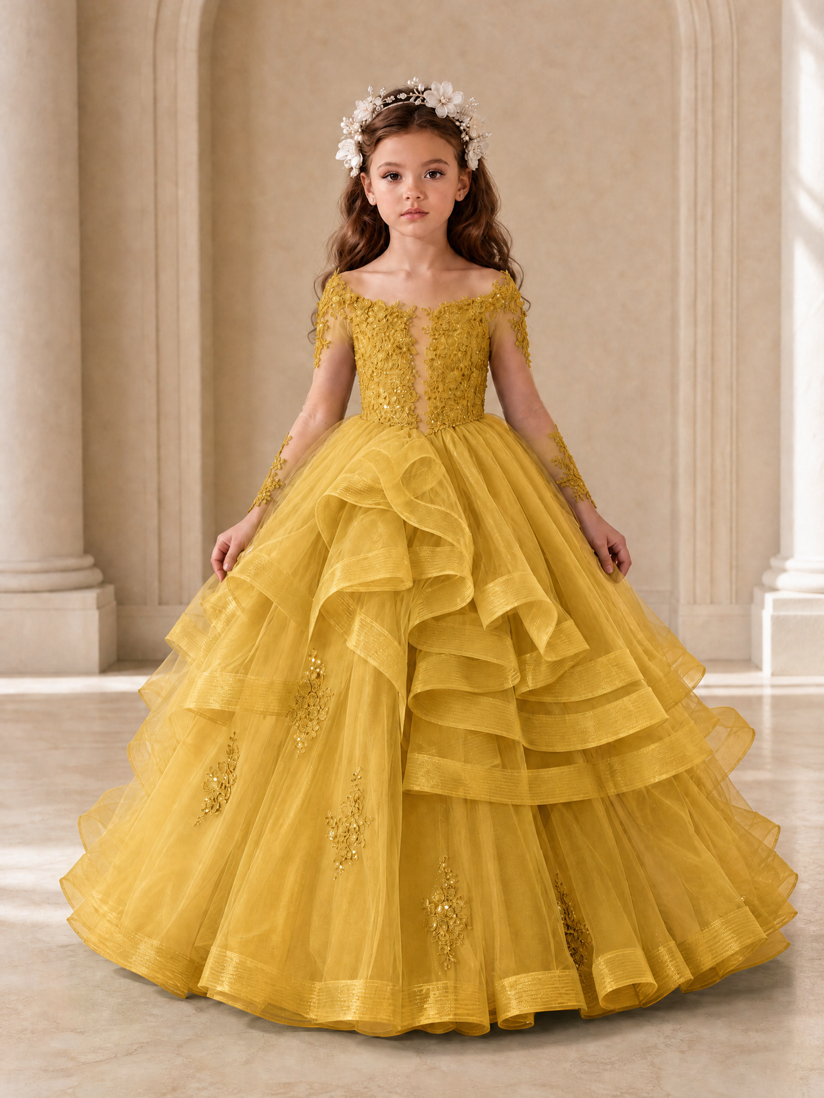 BOLODOO Gold Lace Long Sleeve Tiered Flower Girl Dress - Gold - Gold_1