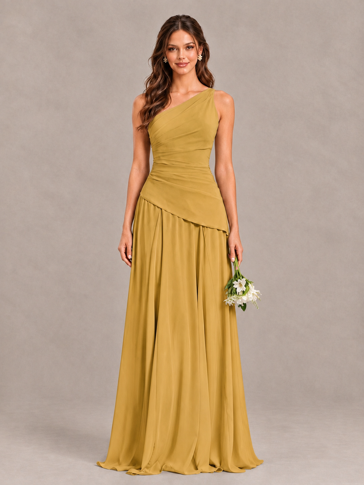 BOLODOO Gold One-Shoulder Lace-Up Back Bridesmaid Dress - Gold - Gold_1