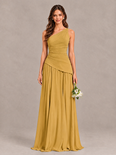 BOLODOO Gold One-Shoulder Lace-Up Back Bridesmaid Dress - Gold - Gold_1