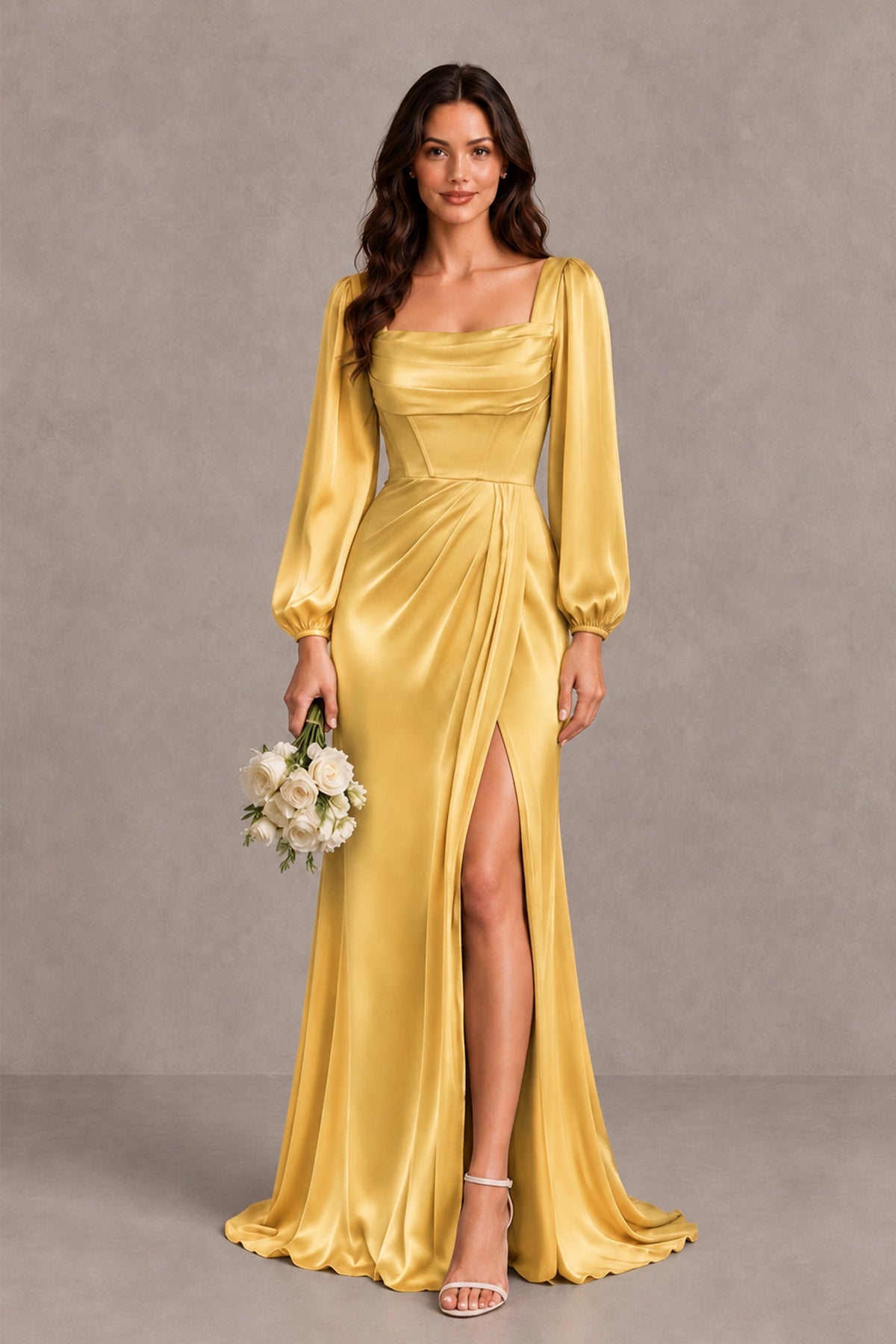 BOLODOO Gold Satin-Look Long Sleeve Evening Dress with High Slit - Gold - Gold_1