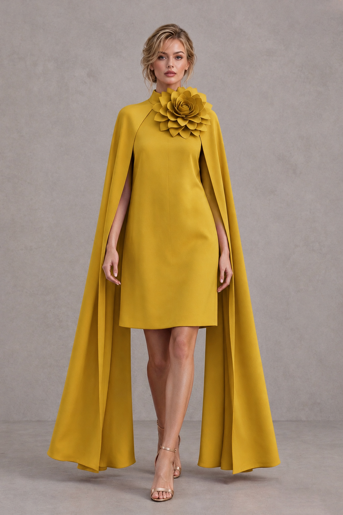 BOLODOO Gold High Neck Floral Cape Mini Cocktail Dress - Gold - Gold_1