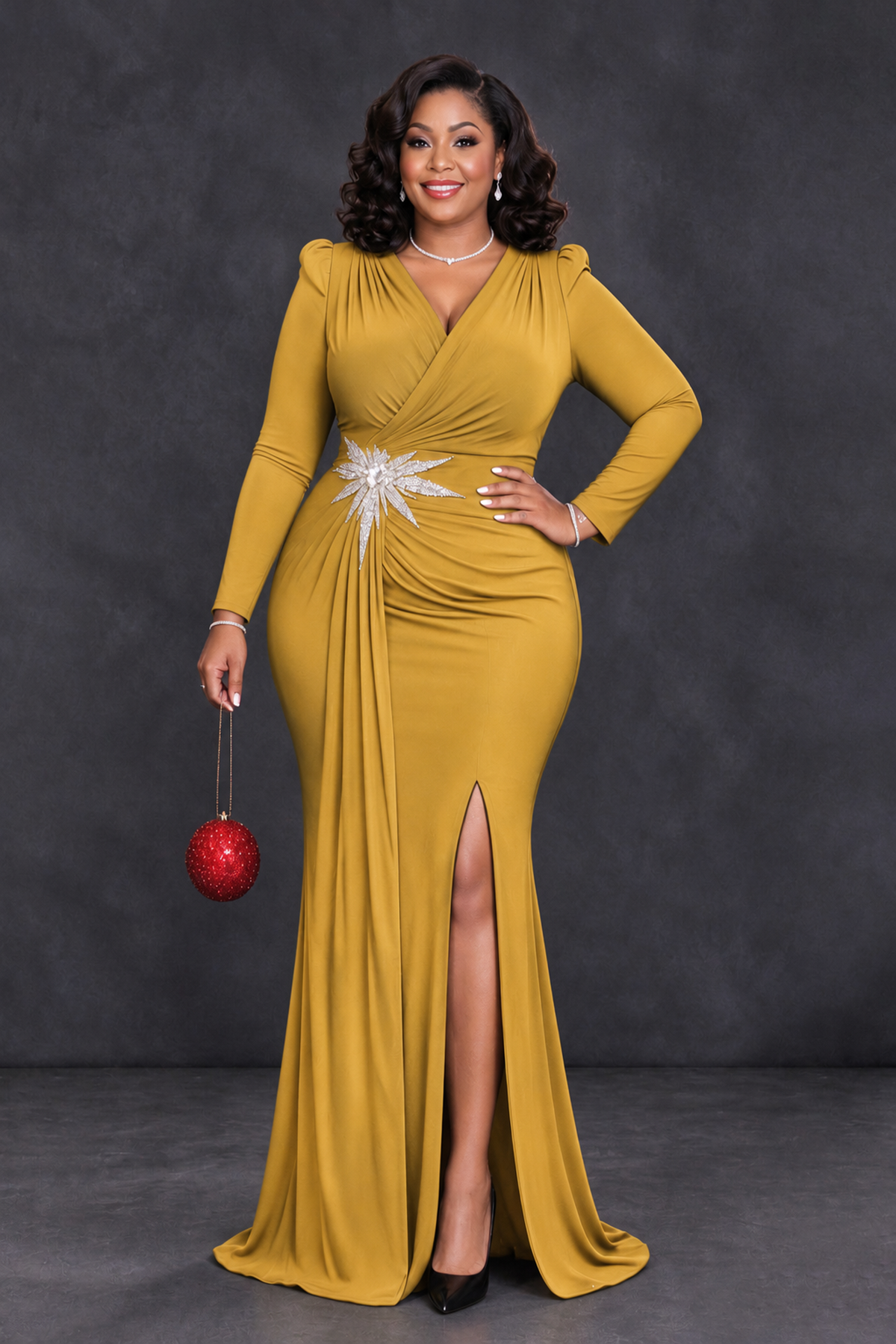 BOLODOO Gold Plus Size Long Sleeve V-Neck Mother of the Bride Dress with Slit - Gold - Gold_1
