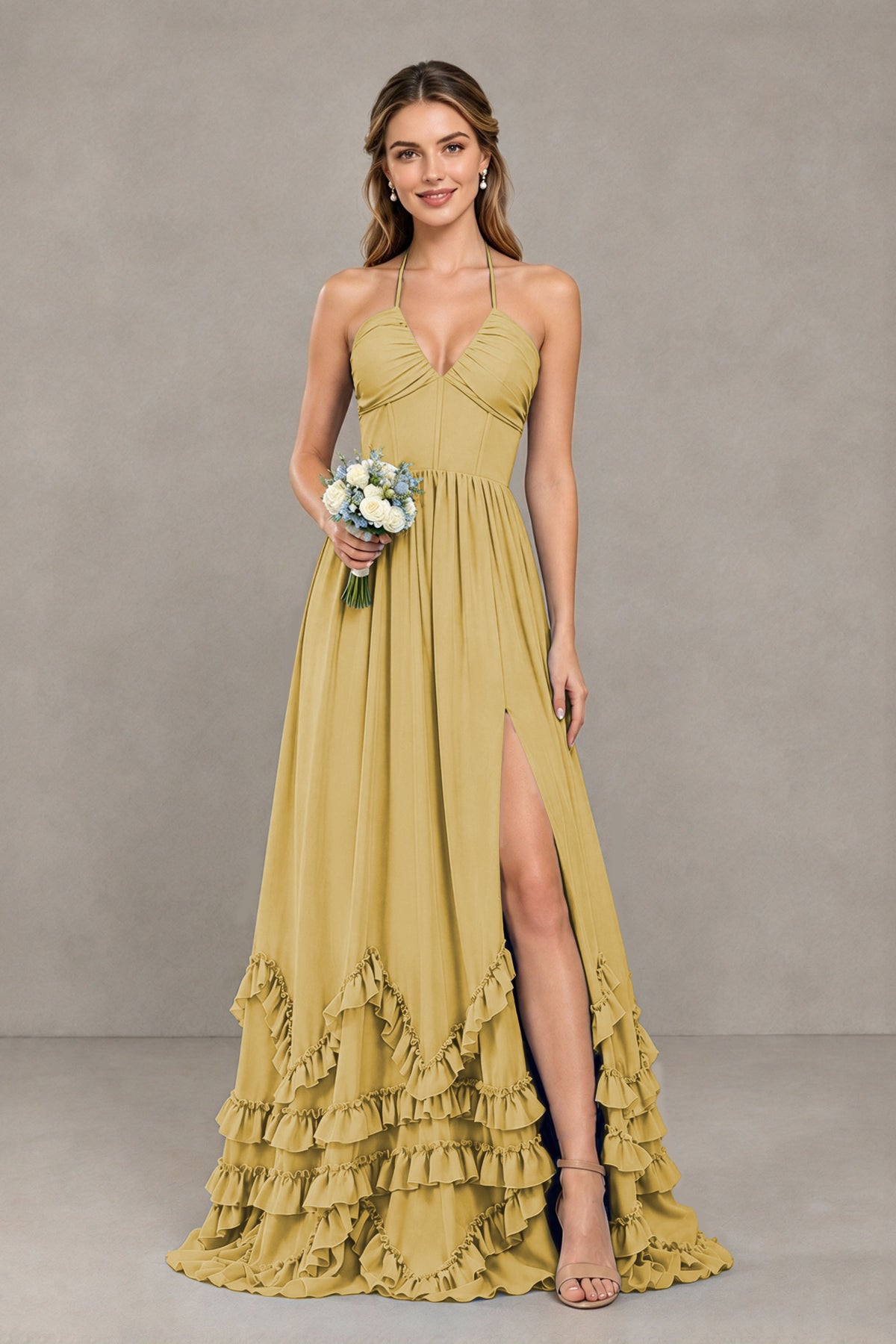 BOLODOO Gold Halter Ruffle Hem A-Line Bridesmaid Dress with High Slit - Gold - Gold(1)