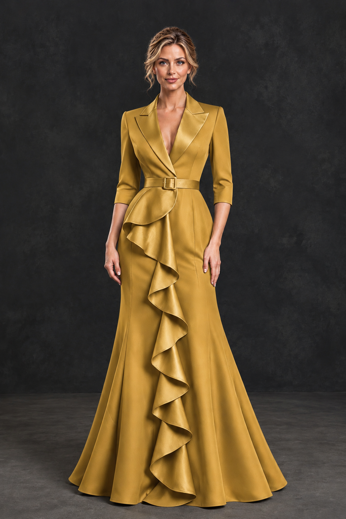 BOLODOO Gold Lapel Ruffle Mother of the Bride Dress with Belt - Gold - Gold_1