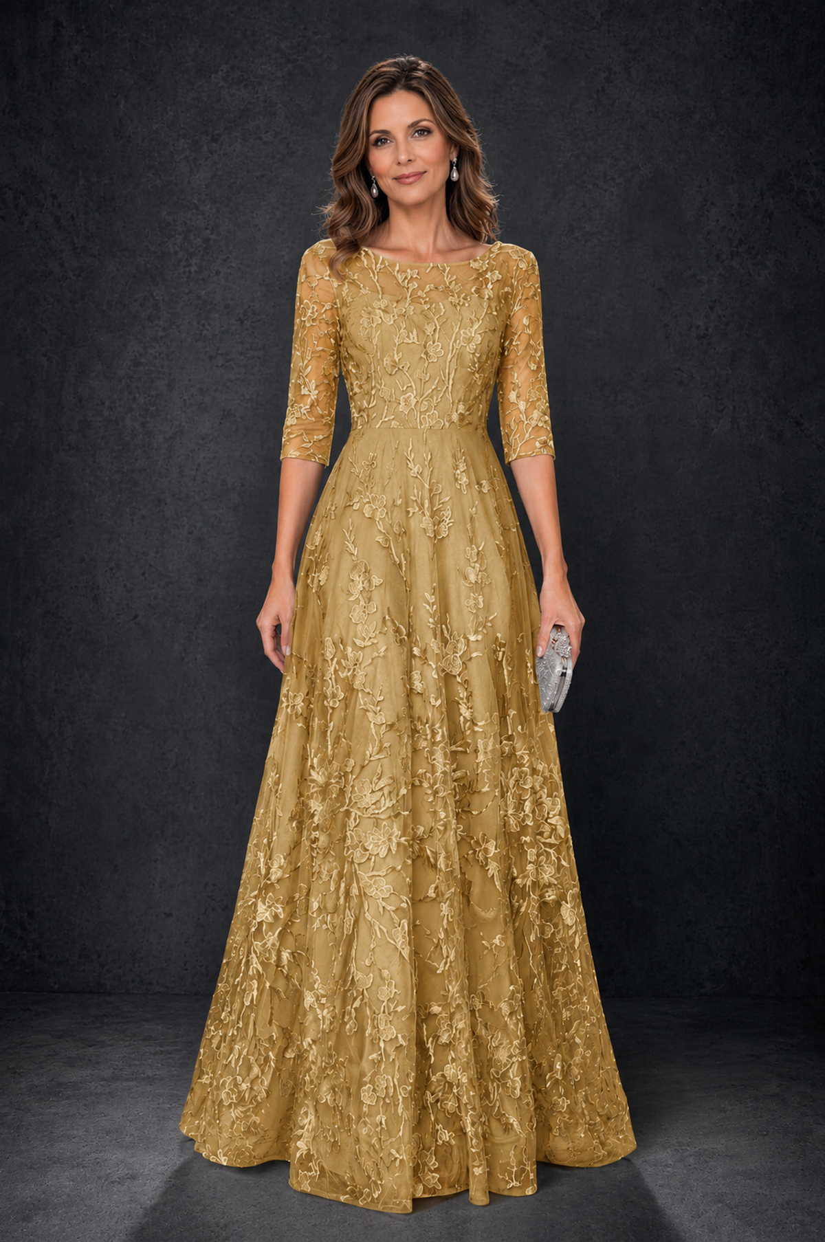 BOLODOO Gold Illusion Bateau Neck 3/4 Sleeve Floral Lace A-Line Mother of the Bride Dress MX007 - Gold - Gold_1