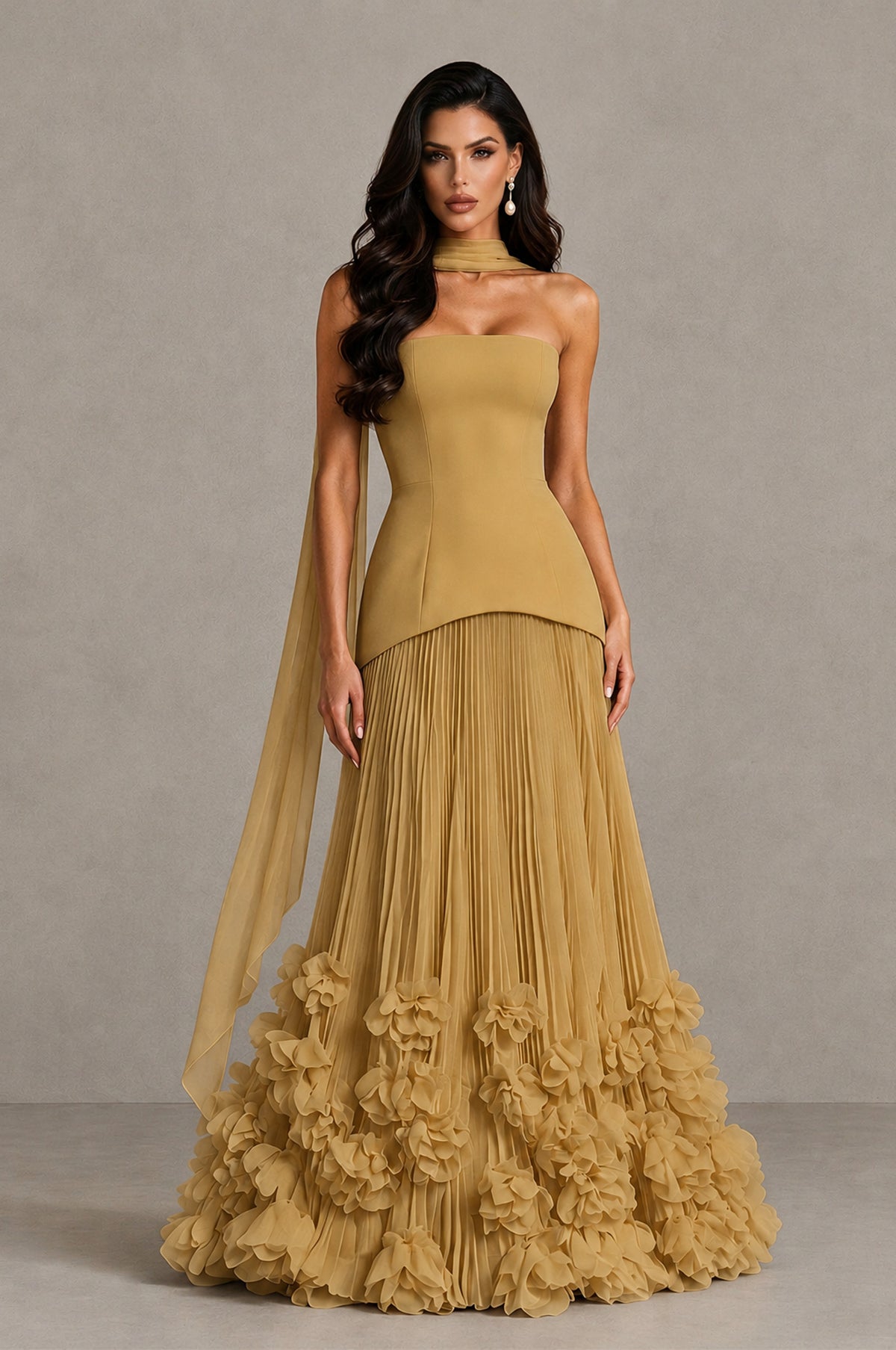 BOLODOO Gold Strapless Pleated Floral Hem Evening Gown - Gold - Gold_1