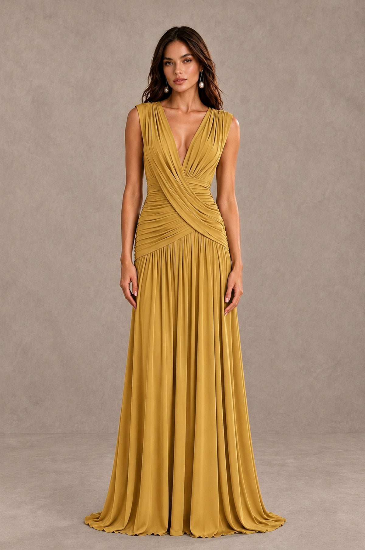 BOLODOO Gold V-Neck Ruched Wedding Guest Dress - Gold - Gold_1
