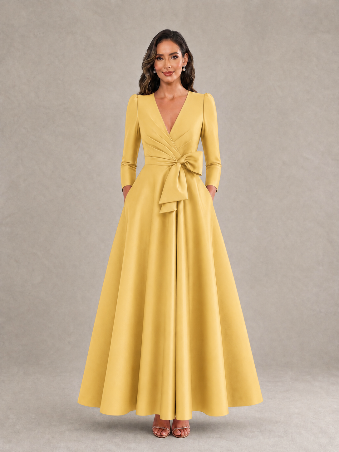 BOLODOO Gold Satin Deep V-Neck Wrap 3/4 Puff Sleeve A-Line Ball Gown Maxi Dress with Oversized Bow Belt - Gold