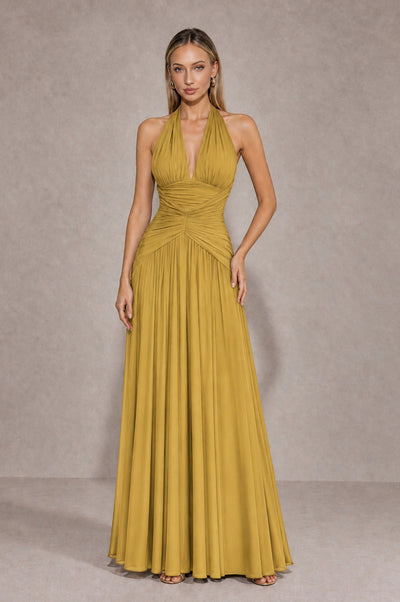 BOLODOO Gold Chiffon Halter Deep V-Neck Ruched A-Line Backless Maxi Dress with Train-BD0167 - Gold - Gold_1