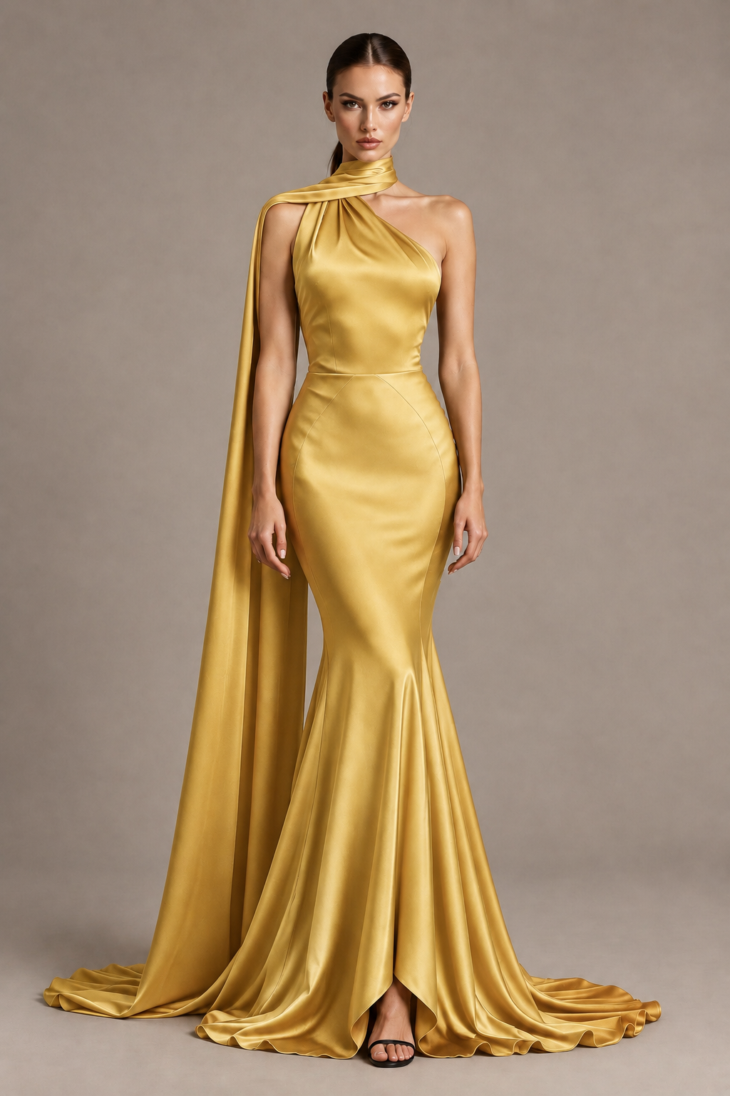 BOLODOO Gold One-Shoulder Satin Mermaid Evening Dress with Scarf - Gold - Gold_1
