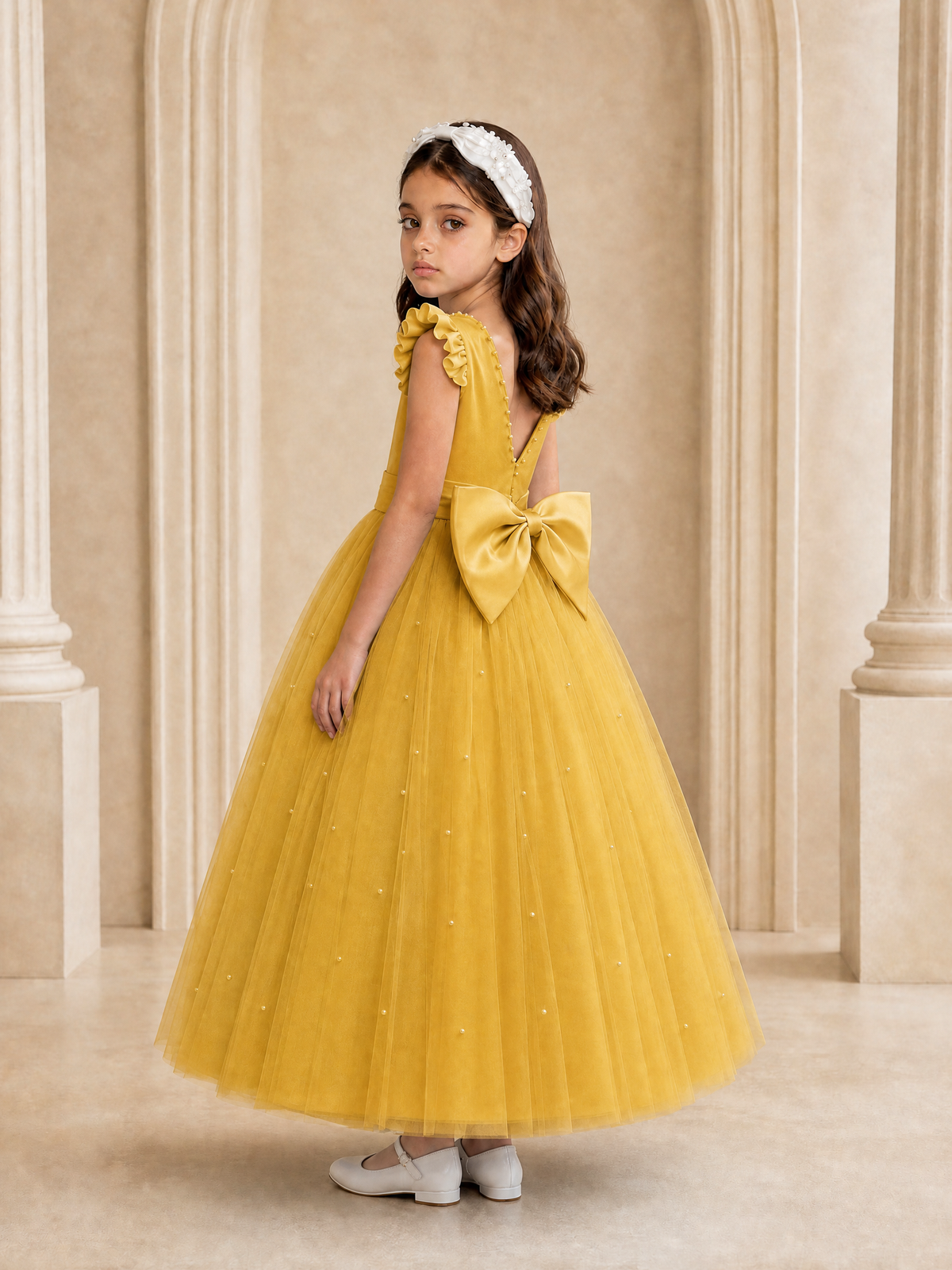BOLODOO Gold Tulle Flower Girl Dress with Ruffle Sleeves & Bow Back - Gold - Gold_1