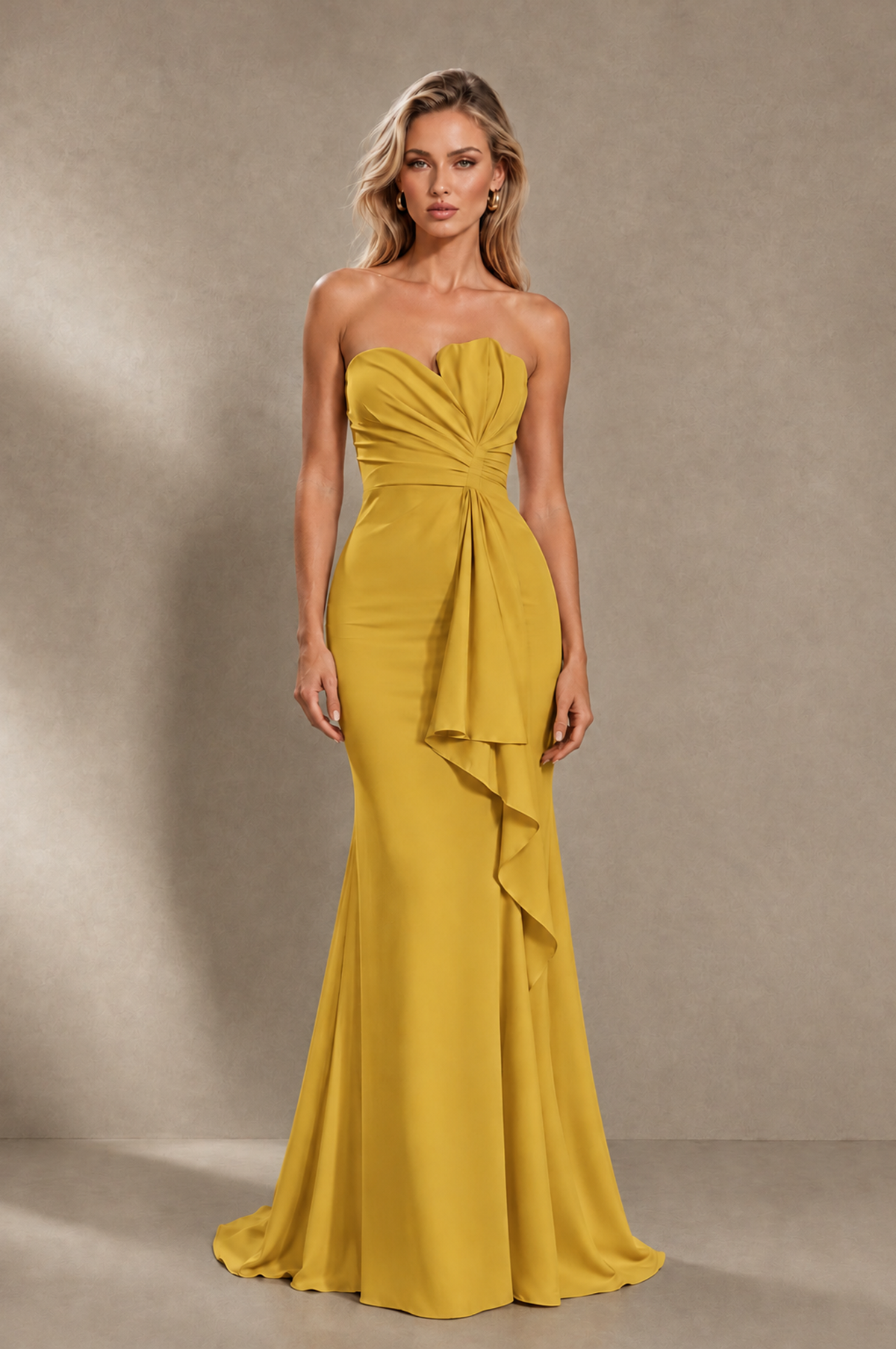 BOLODOO Gold Strapless Sweetheart Ruched Mermaid Gown | Cascade Drape Formal Evening Dress - Gold - Gold_1