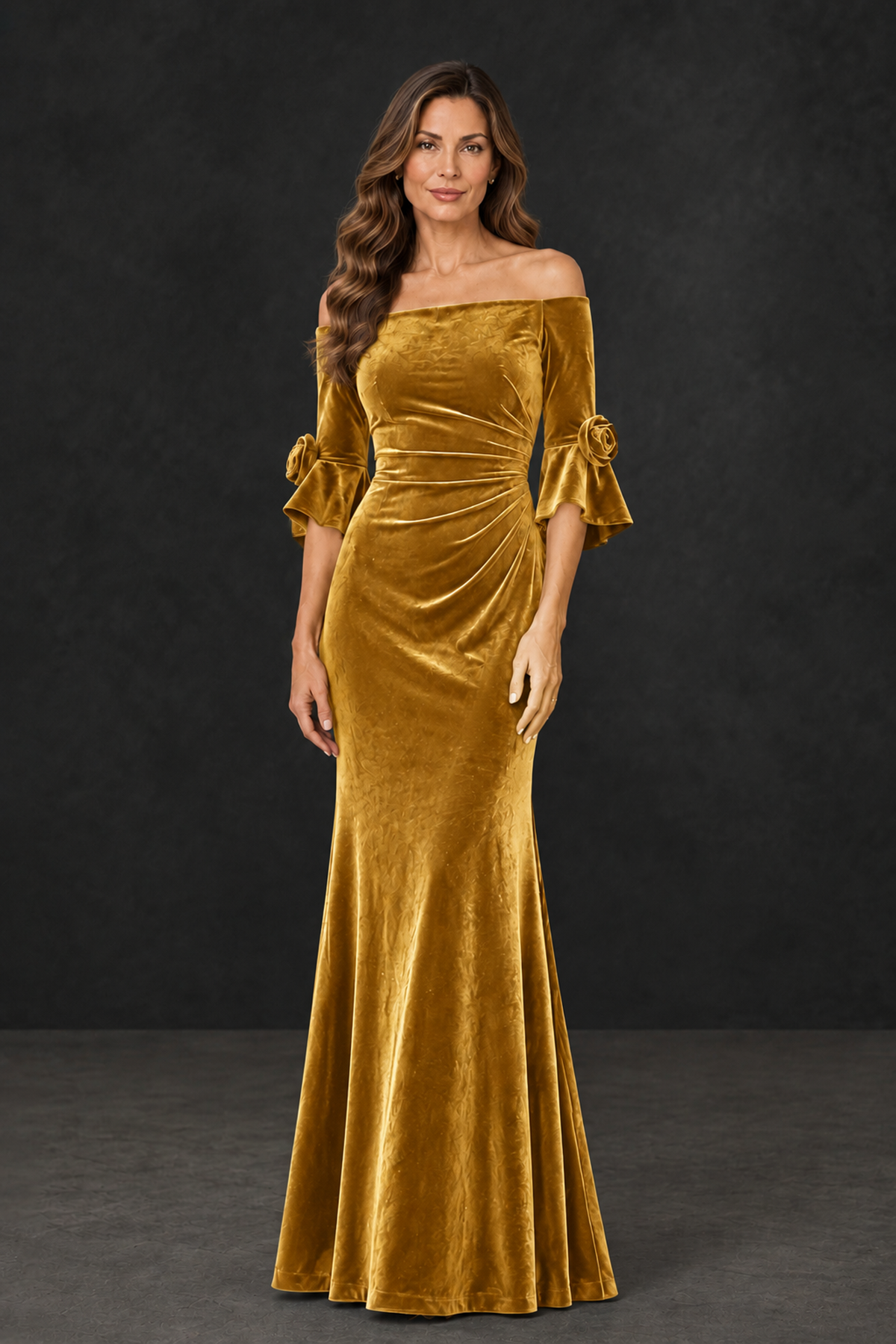 BOLODOO Gold Velvet Mother of the Bride Dress with Rosette Sleeves - Gold - Gold_1