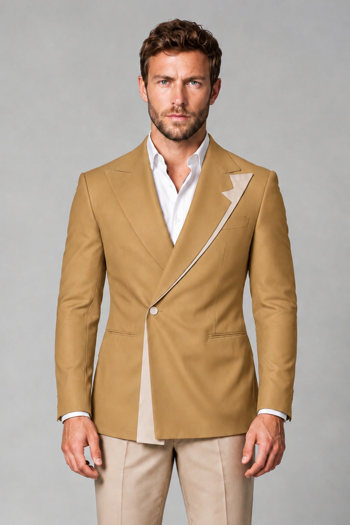 BOLODOO Men's Gold Double-Breasted Blazer & Khaki Trousers Tuxedo 2-Piece Suit Set - Gold - Gold_1