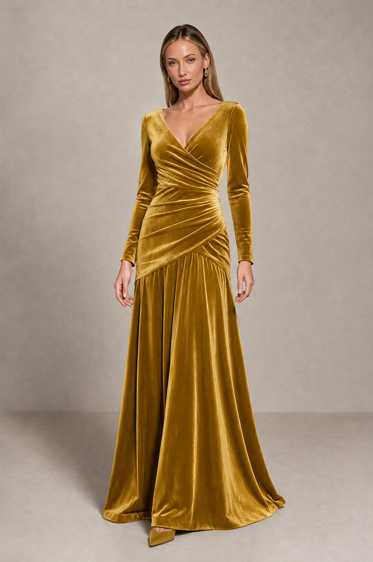 BOLODOO Gold Velvet Long Sleeve V-Neck Ruched Evening Dress - Gold - Gold_1