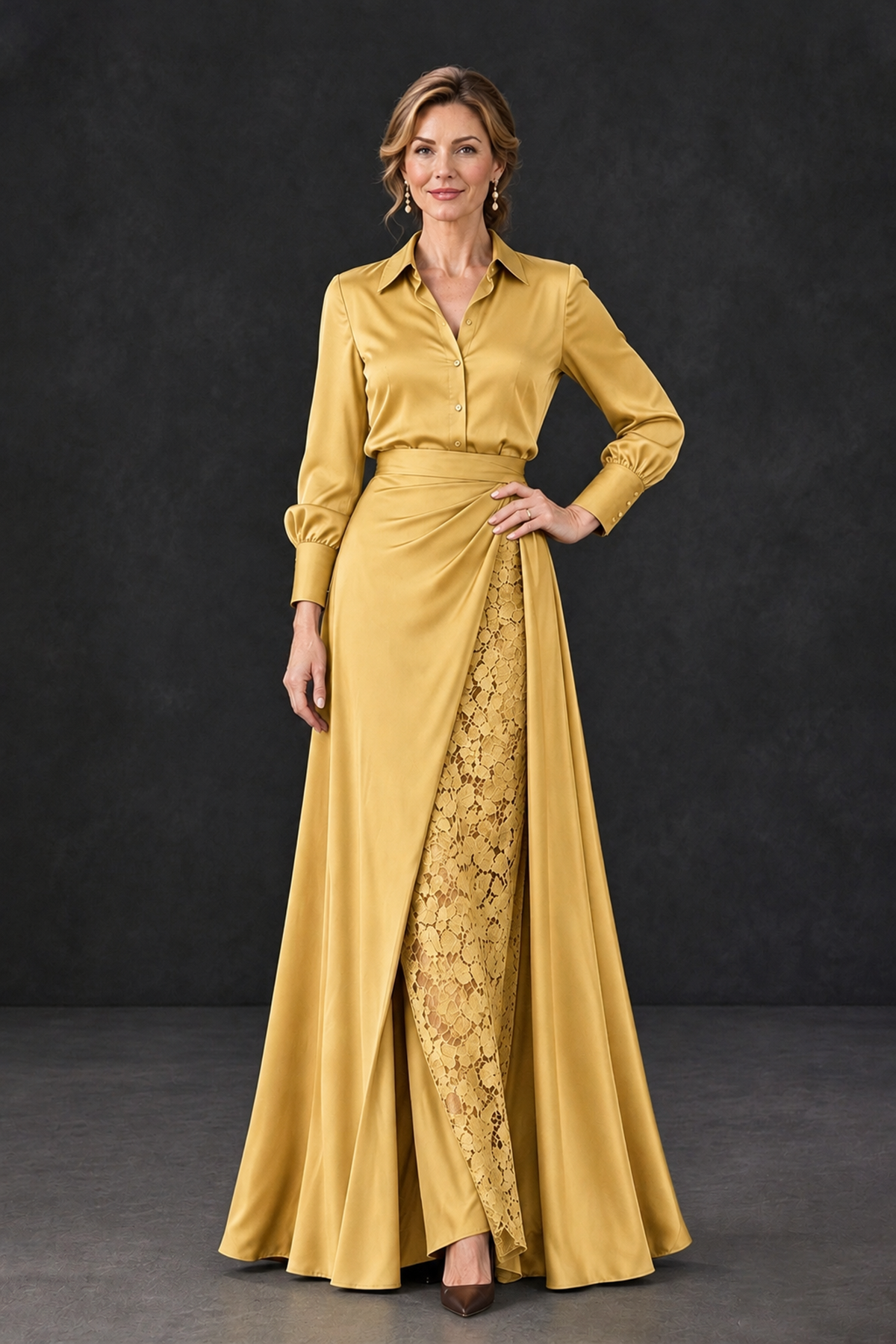 BOLODOO Gold Long Sleeve Satin-Look Lace Panel Gown - Gold - Gold_1