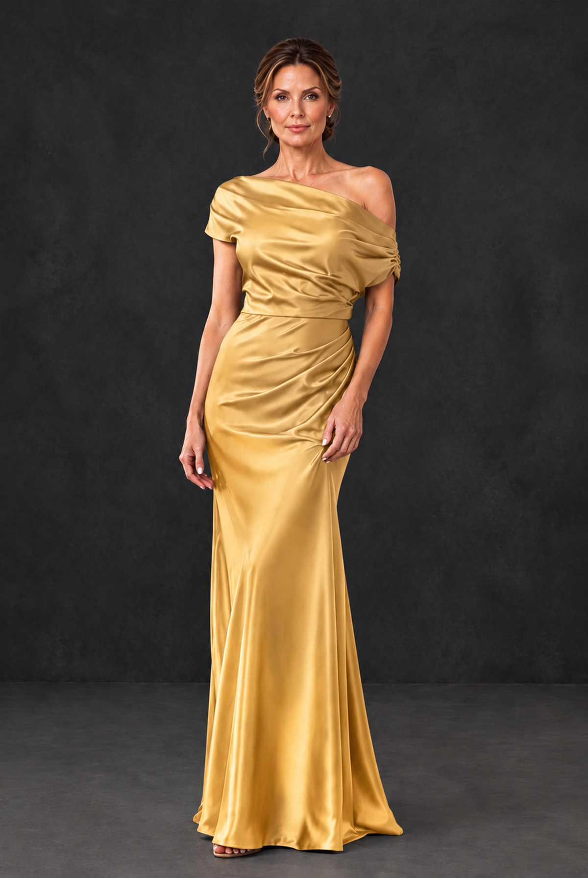 BOLODOO Gold Asymmetric Ruched Mother of the Bride Dress - Gold - Gold_1