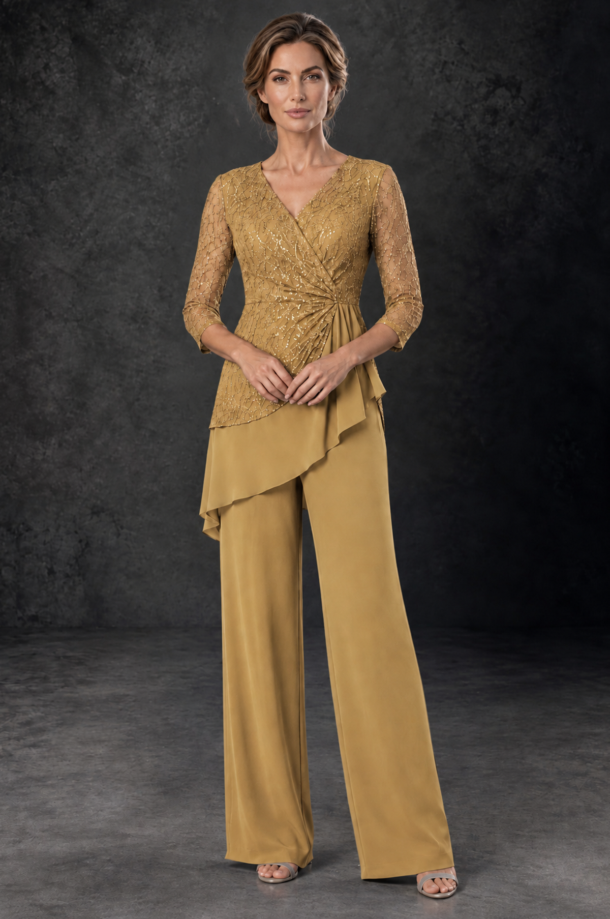 BOLODOO Gold Sequin Lace 3/4 Sleeve Chiffon Mother of the Bride Pant Suit - Gold - Gold_1