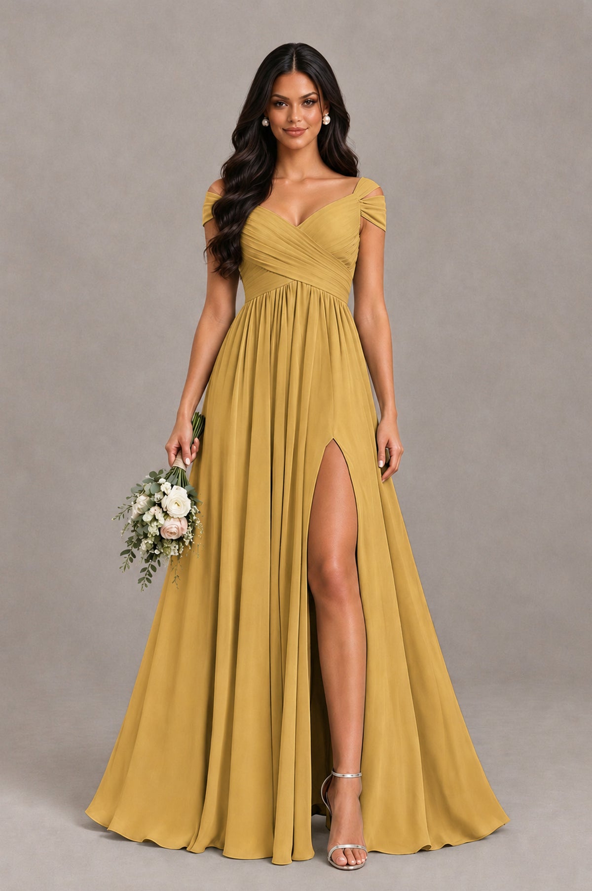 BOLODOO Gold Cold Shoulder Chiffon Evening Dress with V Neck and High Slit - Gold - Gold_1