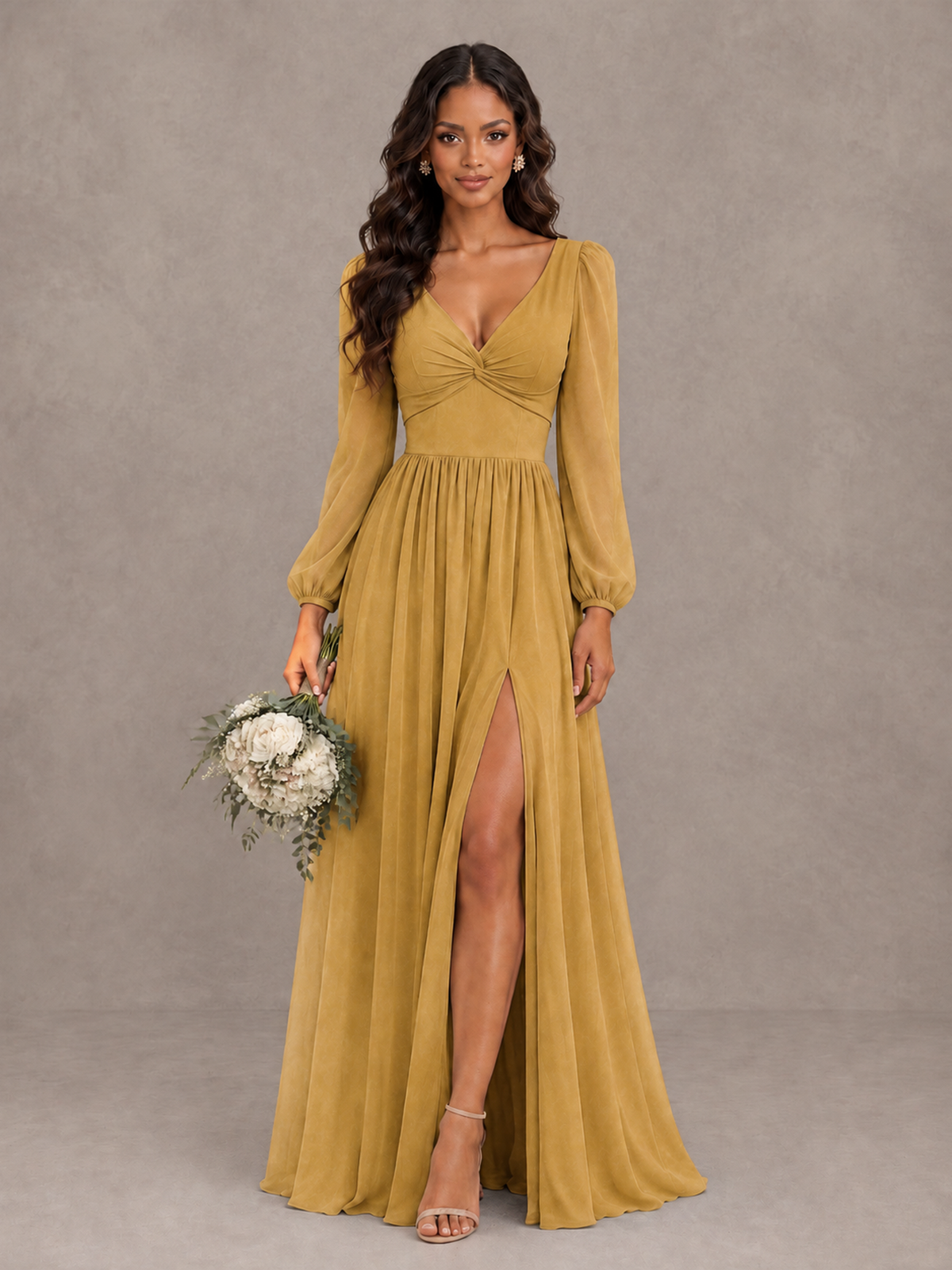BOLODOO Gold V-Neck Long Sleeve Bridesmaid Dress with Tie Back and Slit - Gold - Gold_1