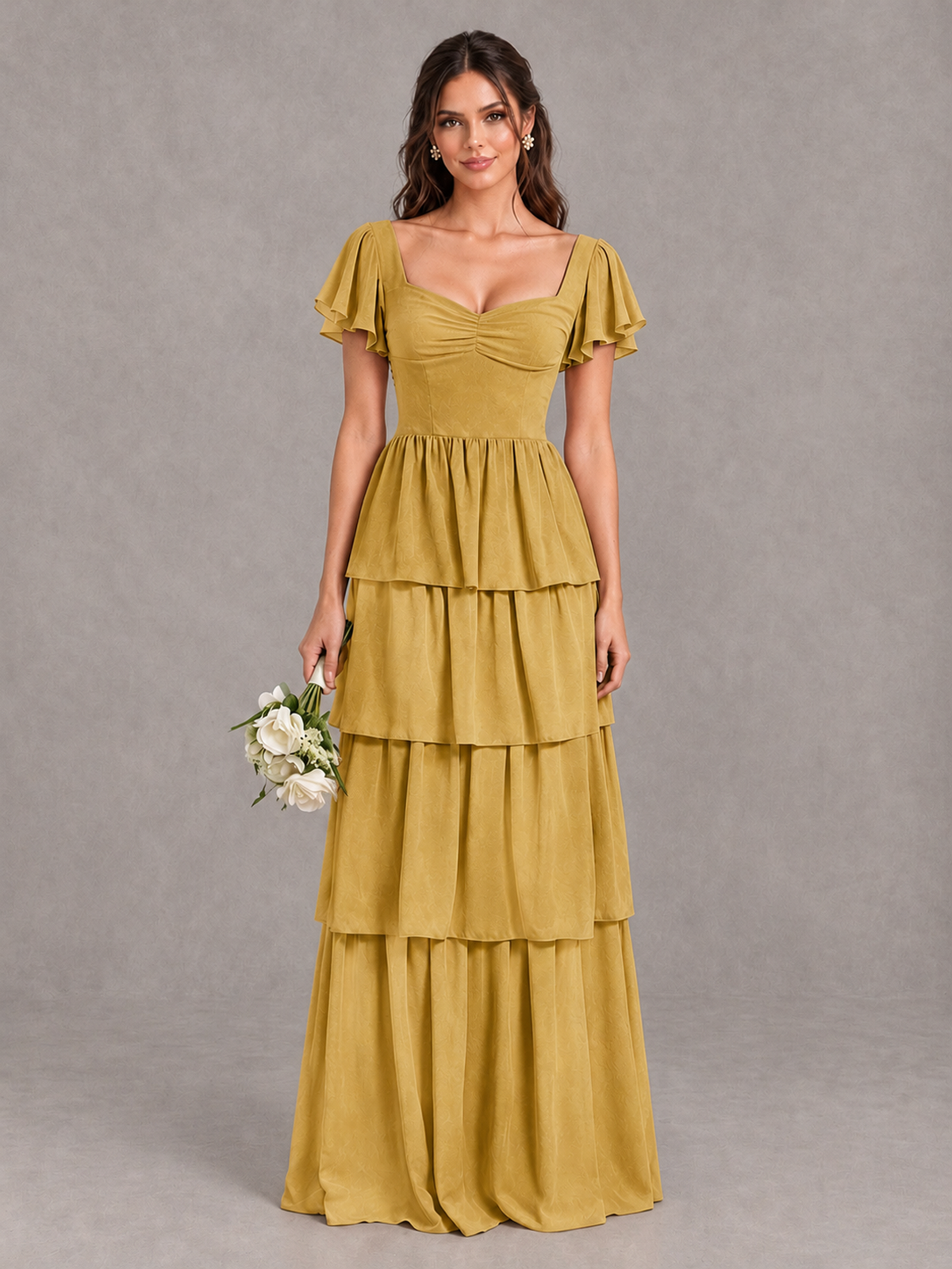BOLODOO Gold Flutter Sleeve Tiered Maxi Bridesmaid Dress - Gold - Gold_1