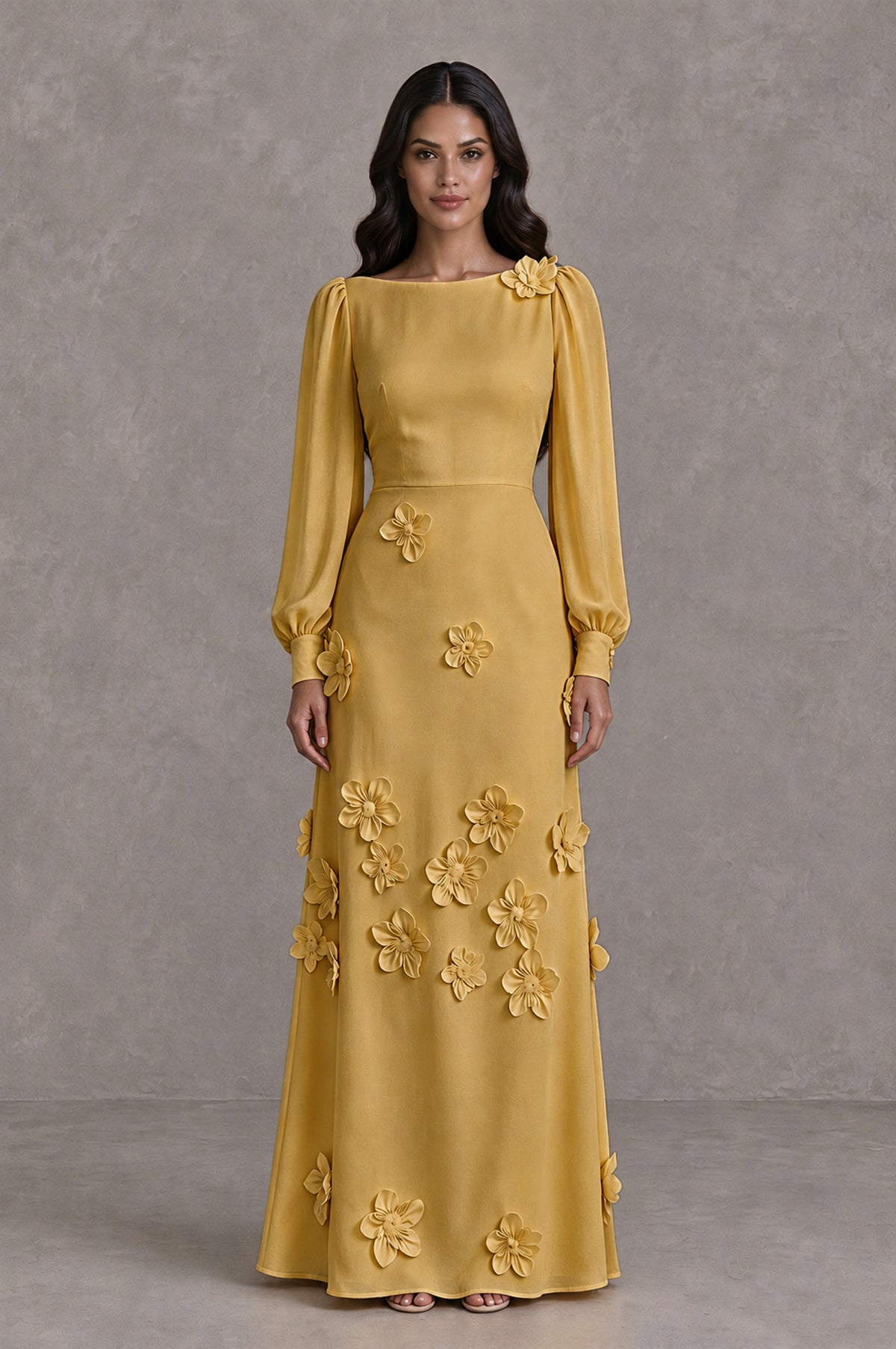 BOLODOO Gold Long Sleeve Floral Applique A-Line Evening Dress - Gold - Gold_1