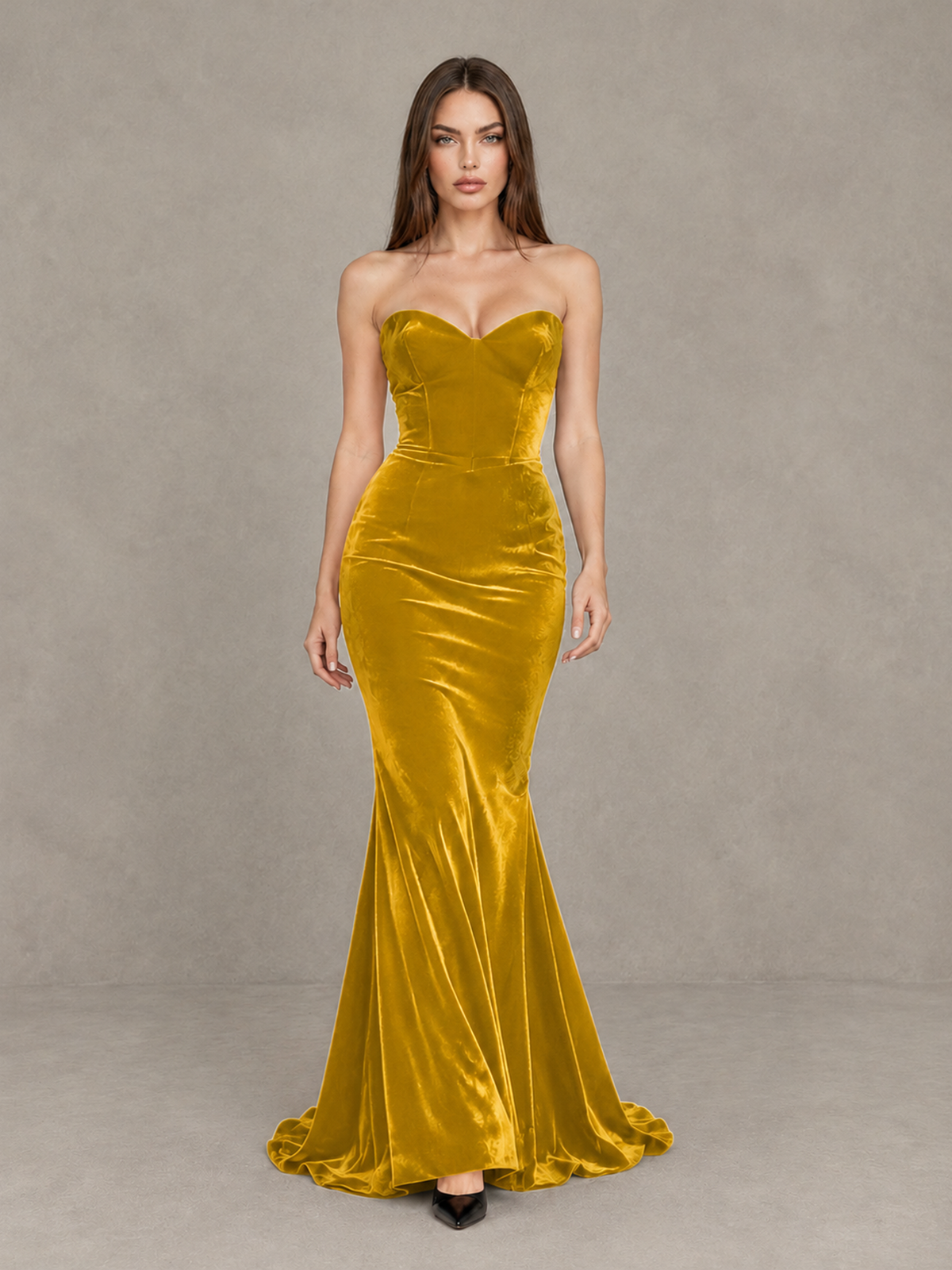 BOLODOO Gold Strapless Sweetheart Velvet-Look Mermaid Evening Dress - Gold - Gold_1
