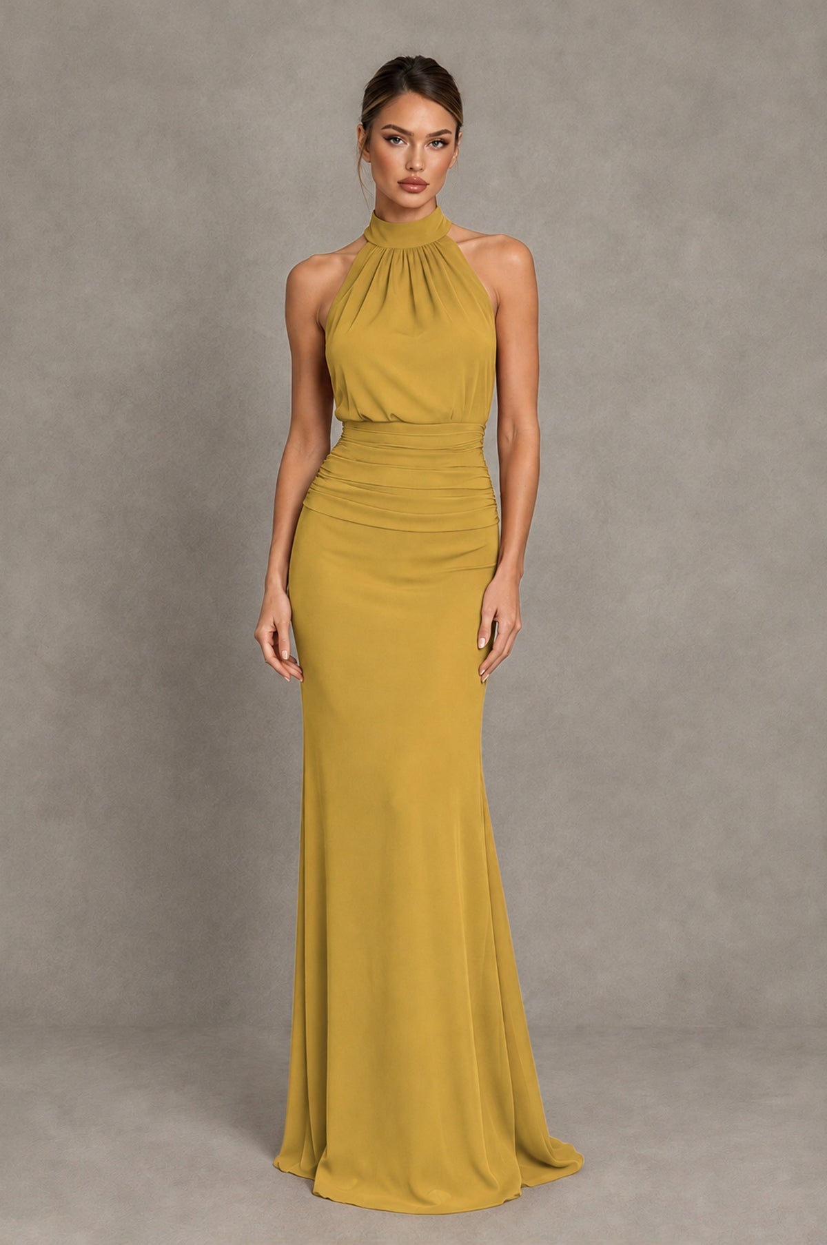BOLODOO Gold Chiffon Halter Maxi Formal Wedding Guest Dress - Gold - Gold_1