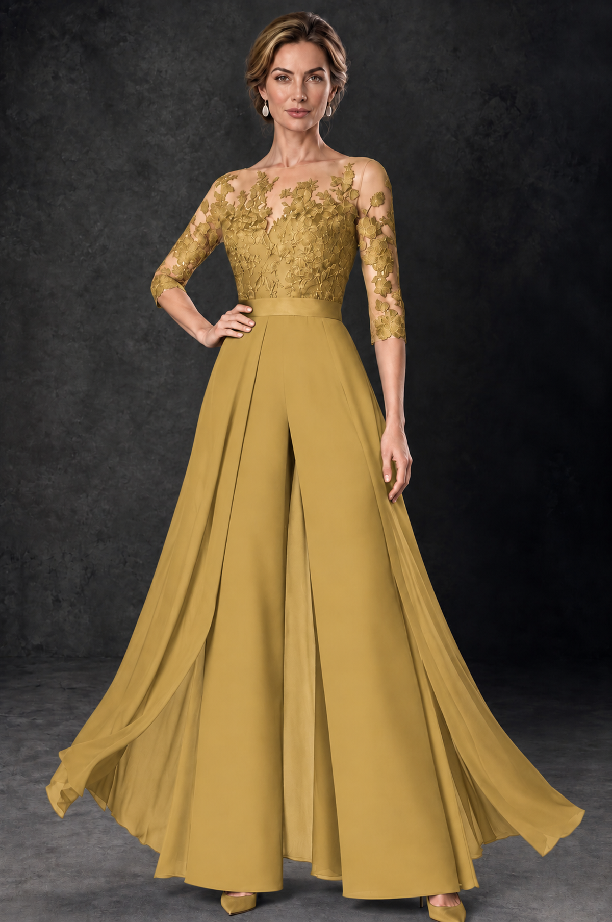 BOLODOO Gold Lace Wide-Leg Jumpsuit with Three-Quarter Sleeves - Gold - Gold_1