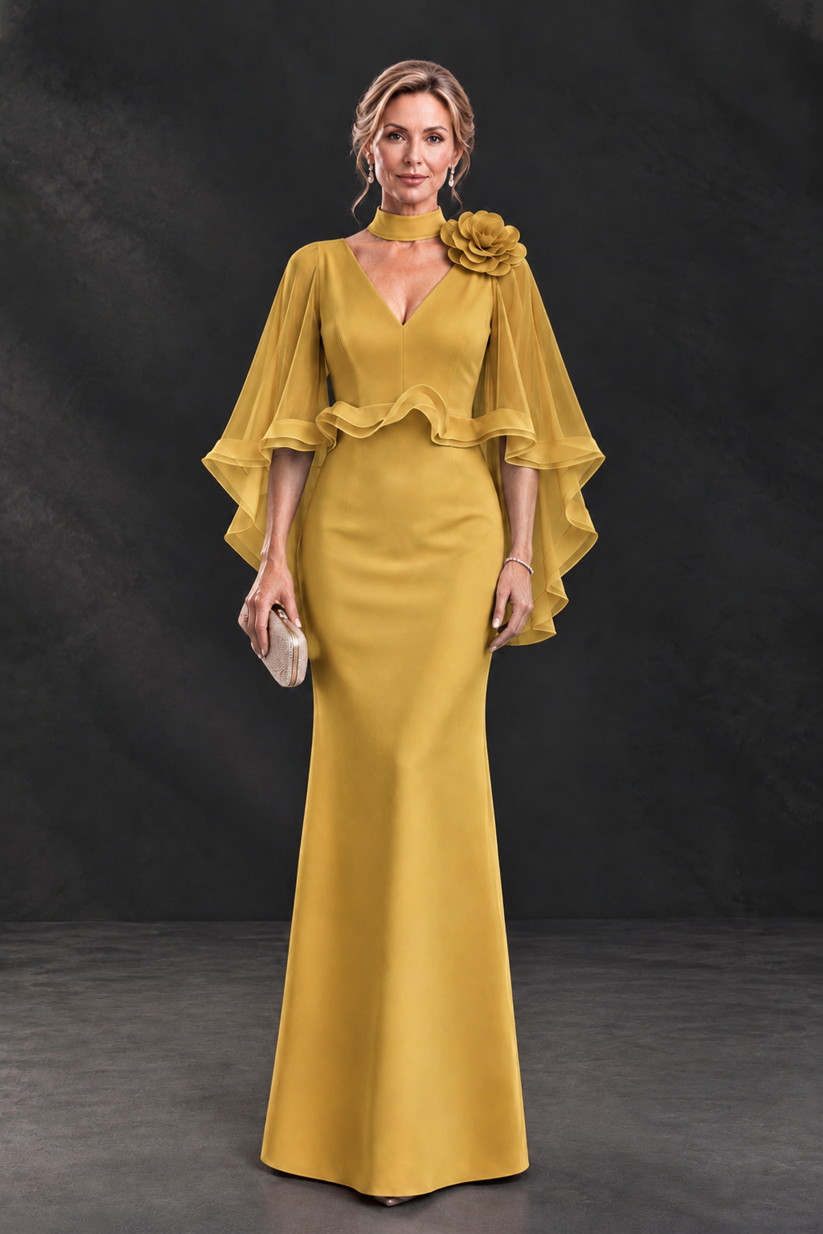 BOLODOO Gold Floral Cape Sleeve Mother of the Bride Dress - Gold - Gold_1